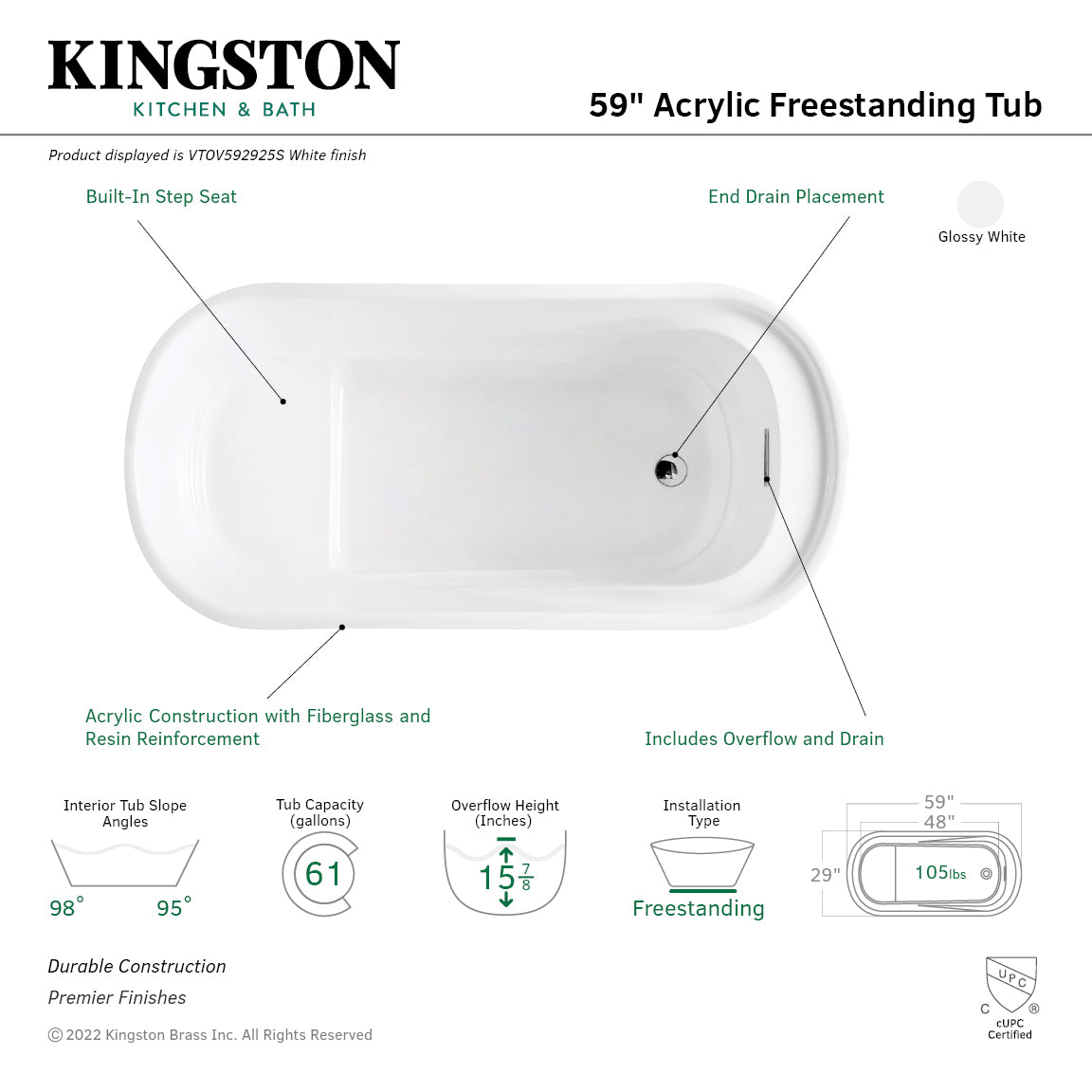 Aqua Eden 59 Inch Acrylic Oval Freestanding Bathtub - Double Ended Soaking Tub with Drain & Built-in Seat, Glossy White - Perfect for Luxury Bathrooms & Spa Retreats