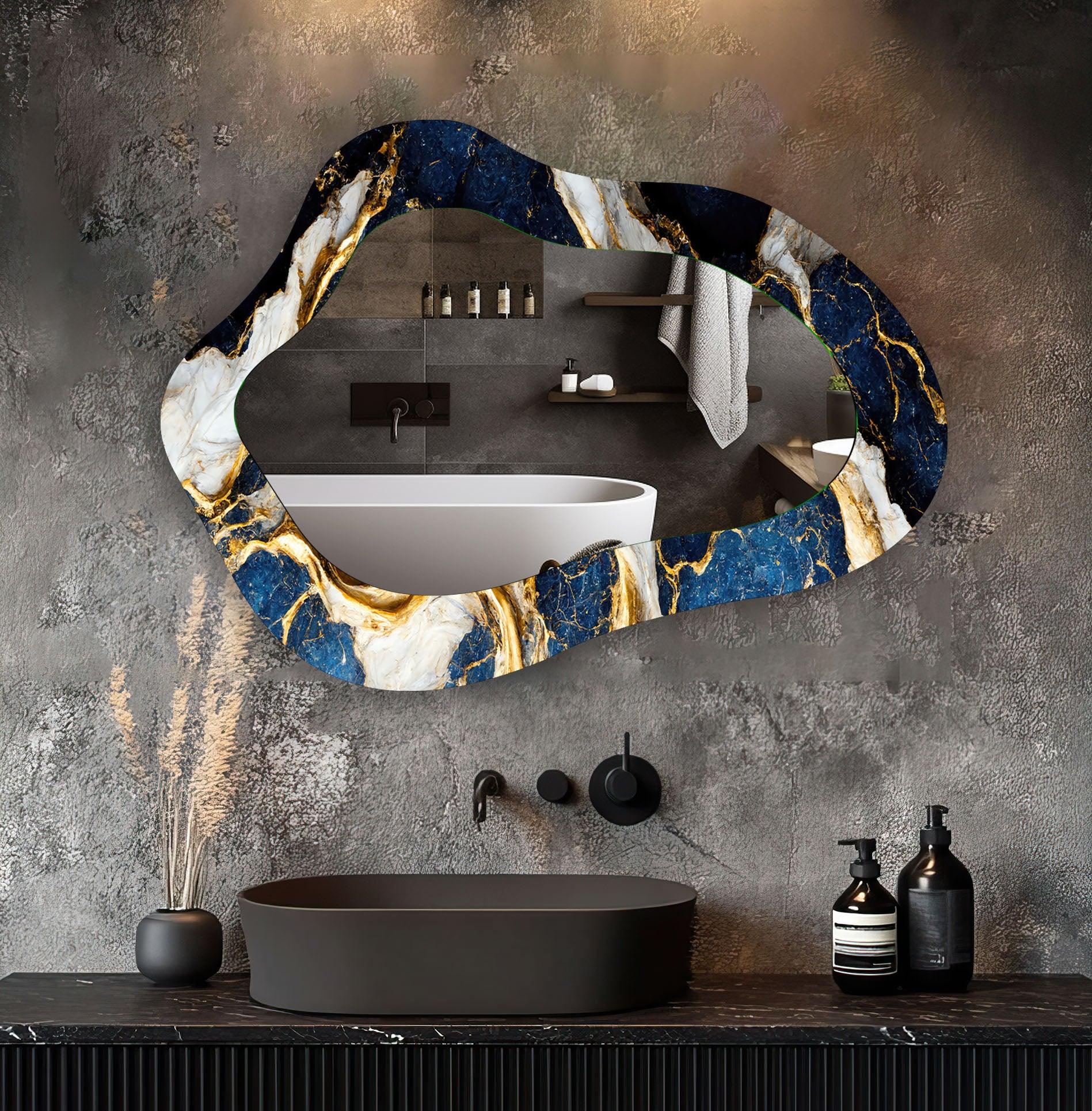 Blue & Gold Marble Bathroom Wall Mirror - Elegant Vanity Mirror for Makeup & Shaving - Perfect for Modern Bathroom Decor & Bedroom Vanity