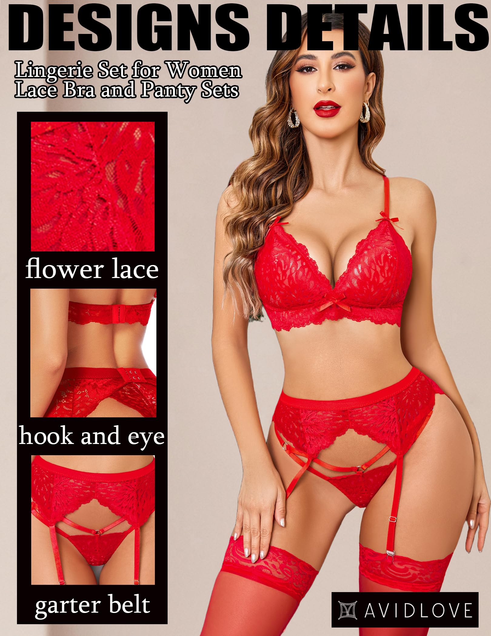 Avidlove Women's 3-Piece Lace Lingerie Set - Sexy Garter Belt, Bralette & Panty Set for Valentine's Day, Bridal & Romantic Nights
