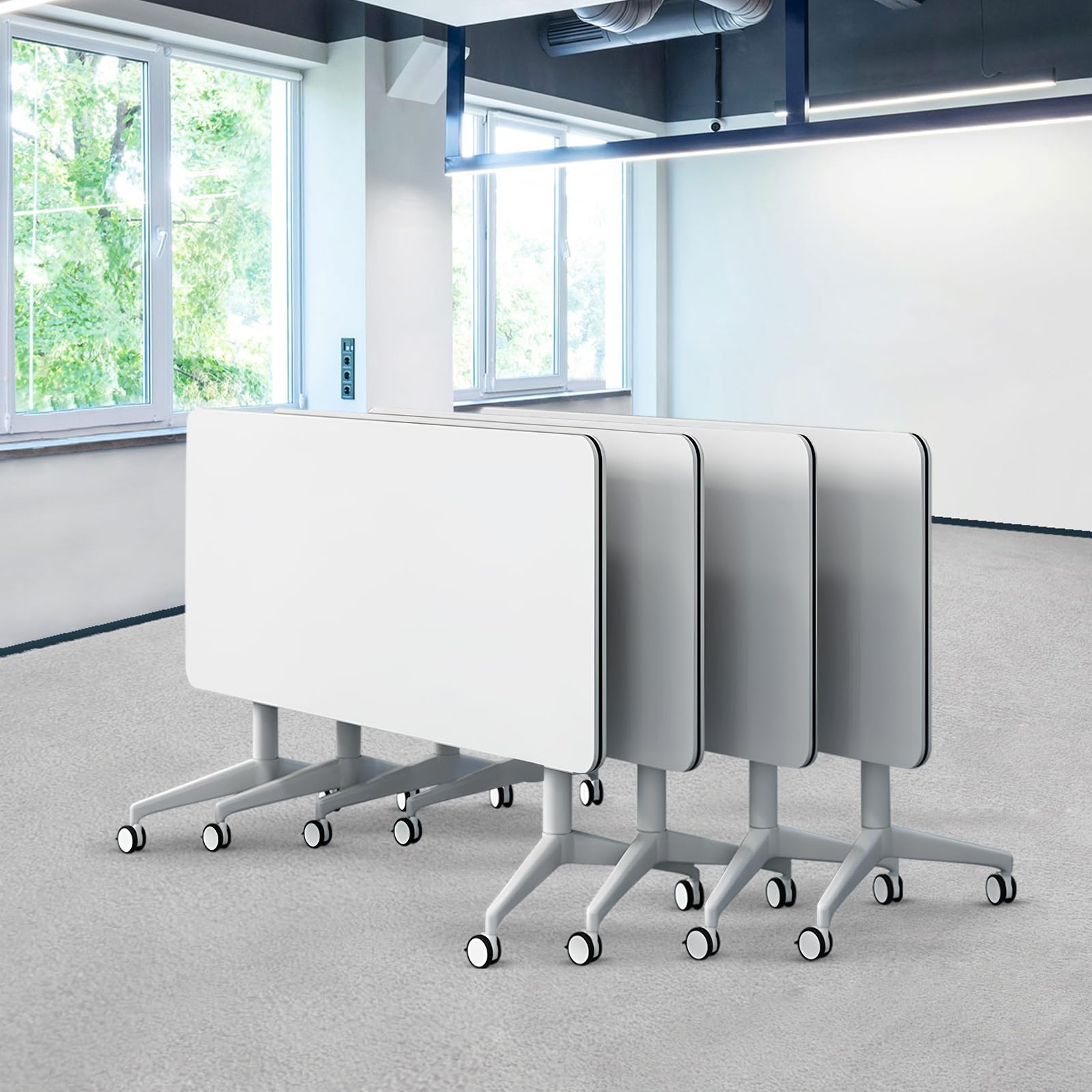 Foldable Conference Table with Wheels - White Large Rectangular Flip Top Meeting Table for 2-10 People (70.8