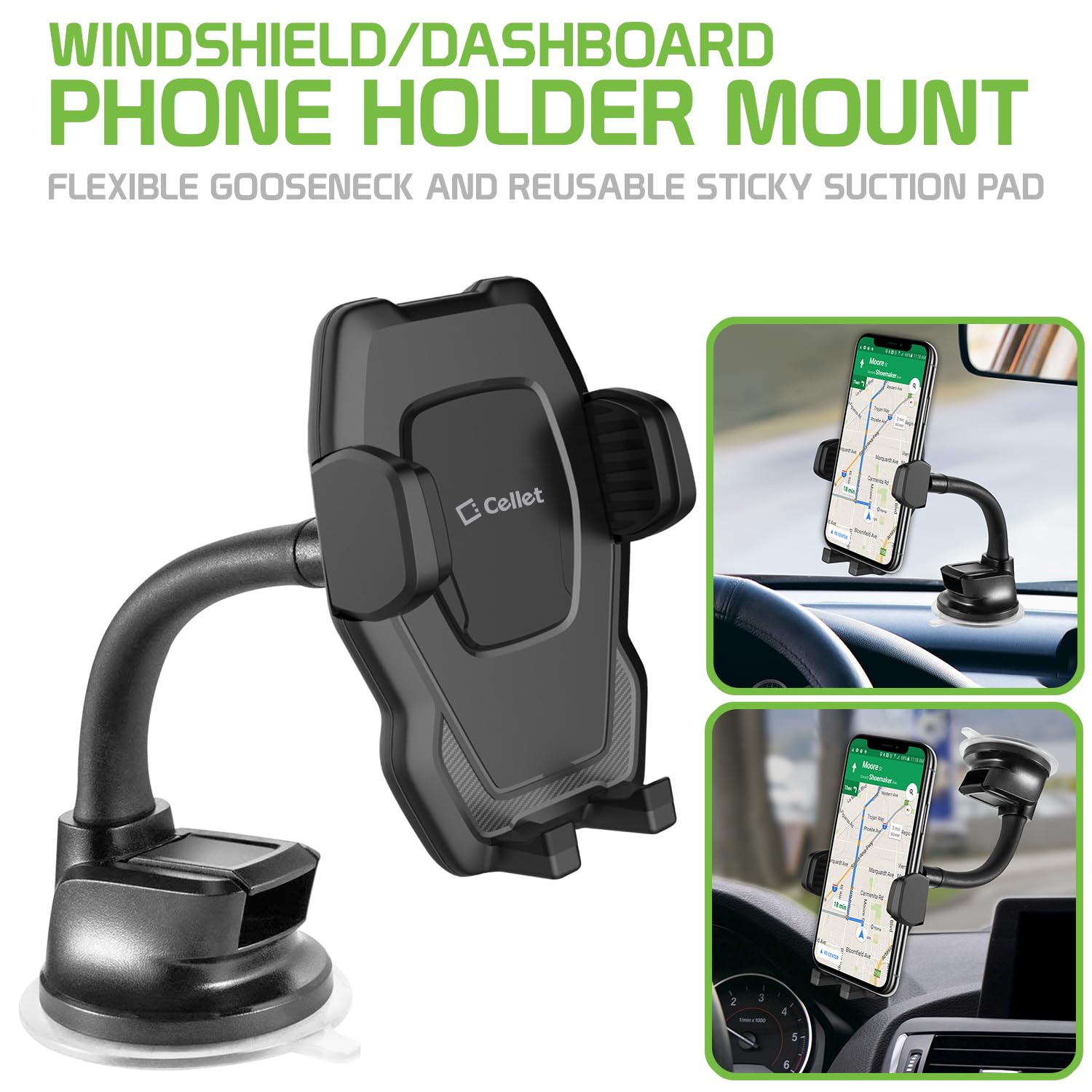 Cellet Universal Car Phone Holder Mount - Flexible Gooseneck & Strong Suction Cup for Windshield & Dashboard - Hands-Free GPS Navigation & Driving Safety - Perfect for Commuting, Road Trips & Rideshare Drivers