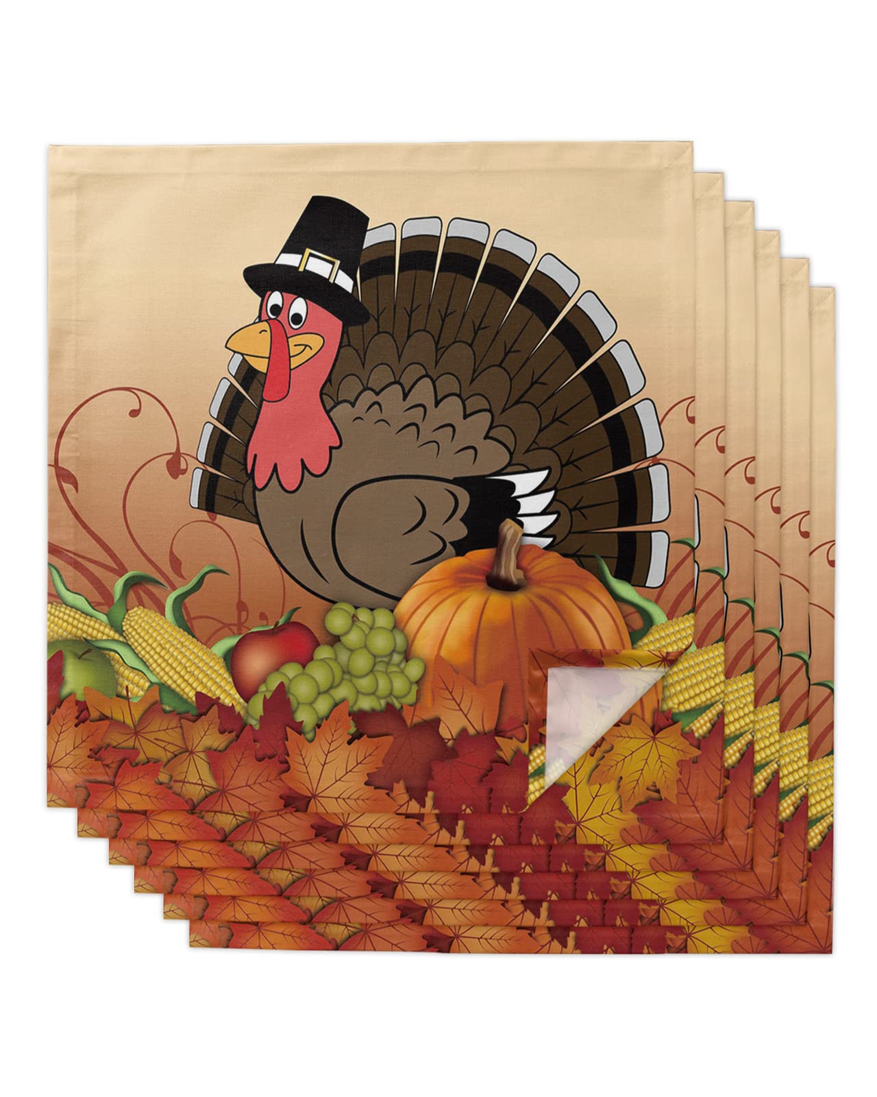 6-Pack Thanksgiving Turkey & Pumpkin Printed 20x20 Inch Reusable Cloth Napkins - Fall Harvest Washable Hand Towels for Autumn Table Decor, Picnic Party & Holiday Dining