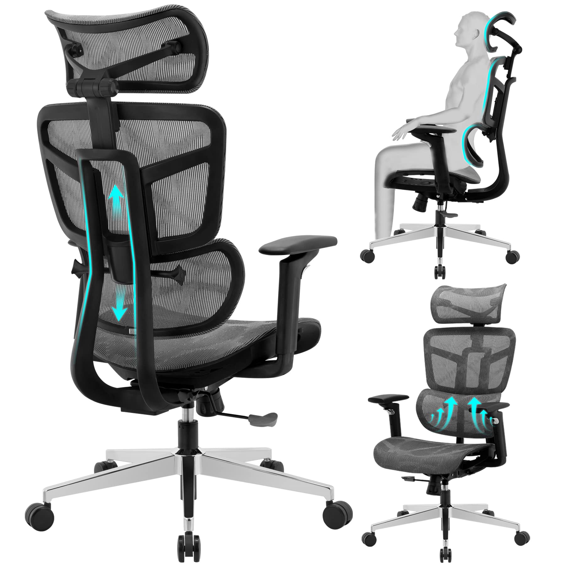Ergonomic Office Chair - High Back Mesh Computer Chair with Lumbar Support & Headrest - Adjustable 5D Armrests & Height - Big & Tall Executive Desk Chair for Home Office, Study, Conference & Gaming - Perfect for Long Work Hours & Comfortable Workspaces