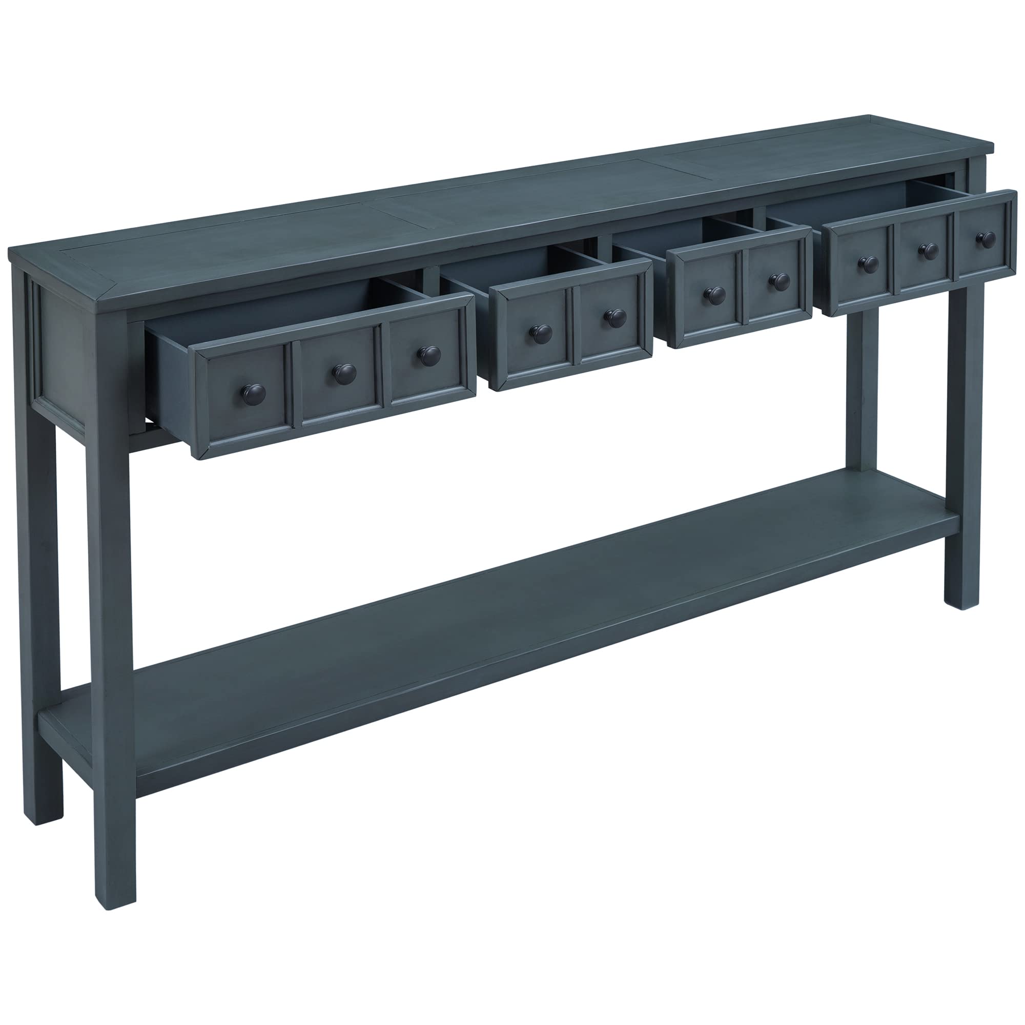 Distressed 4-Drawer Entryway Console Table with Open Shelf - Solid Wood Frame, 220lbs Capacity (60