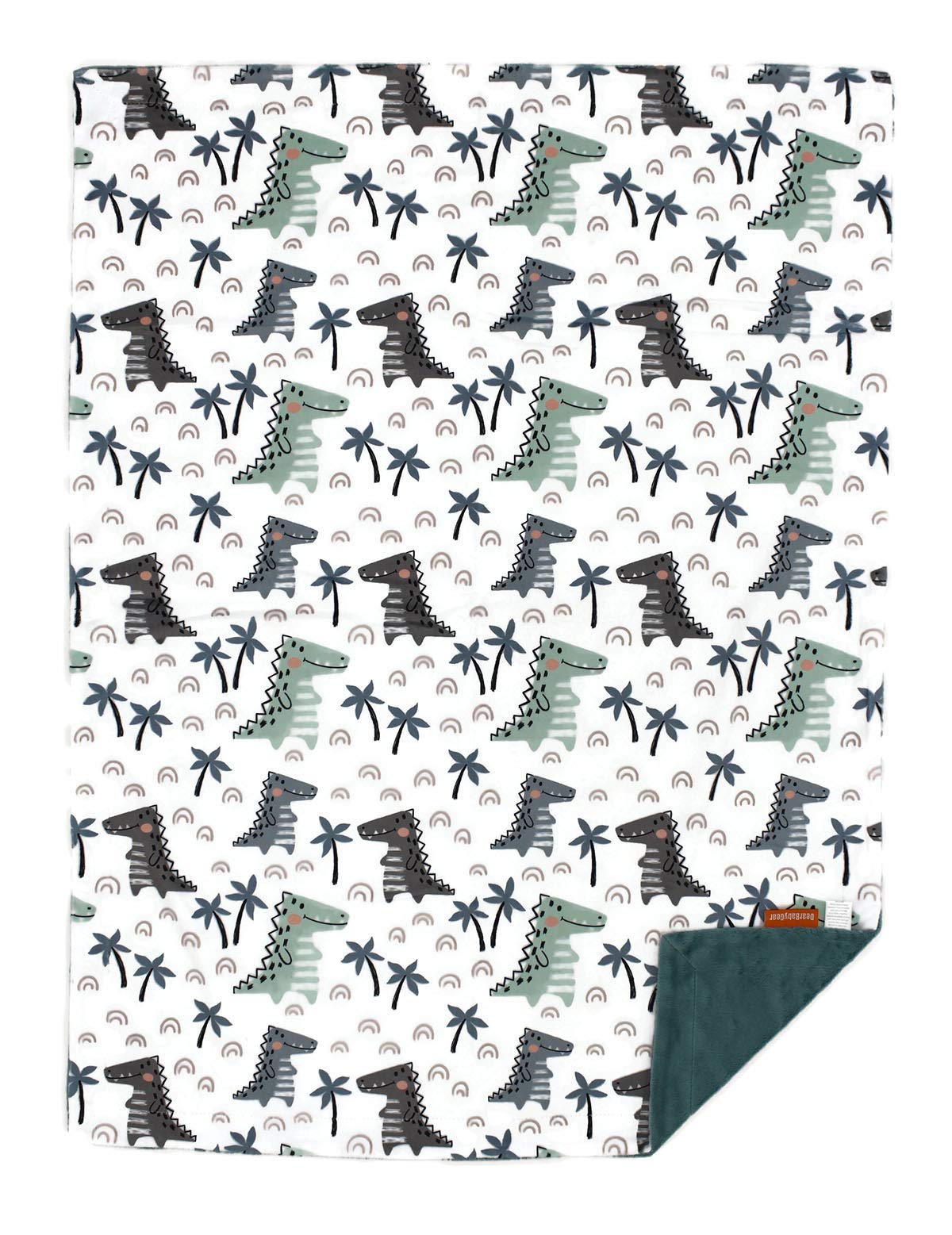 Dear Baby Gear Deluxe Baby Blanket - Soft Reversible Unisex Blanket for Newborns & Infants - Double Layer Crib Bedding Decor (Dinosaur & Palm Tree Print, Blue/Green, 40x30 Inches) - Perfect for Nursery, Stroller & Swaddling