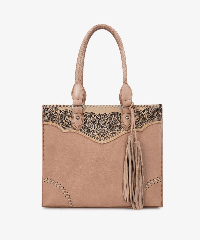 Montana West Genuine Leather Tooled Fringe Tote Bag for Women - Stylish Western Handbag for Work, Travel & Everyday Use