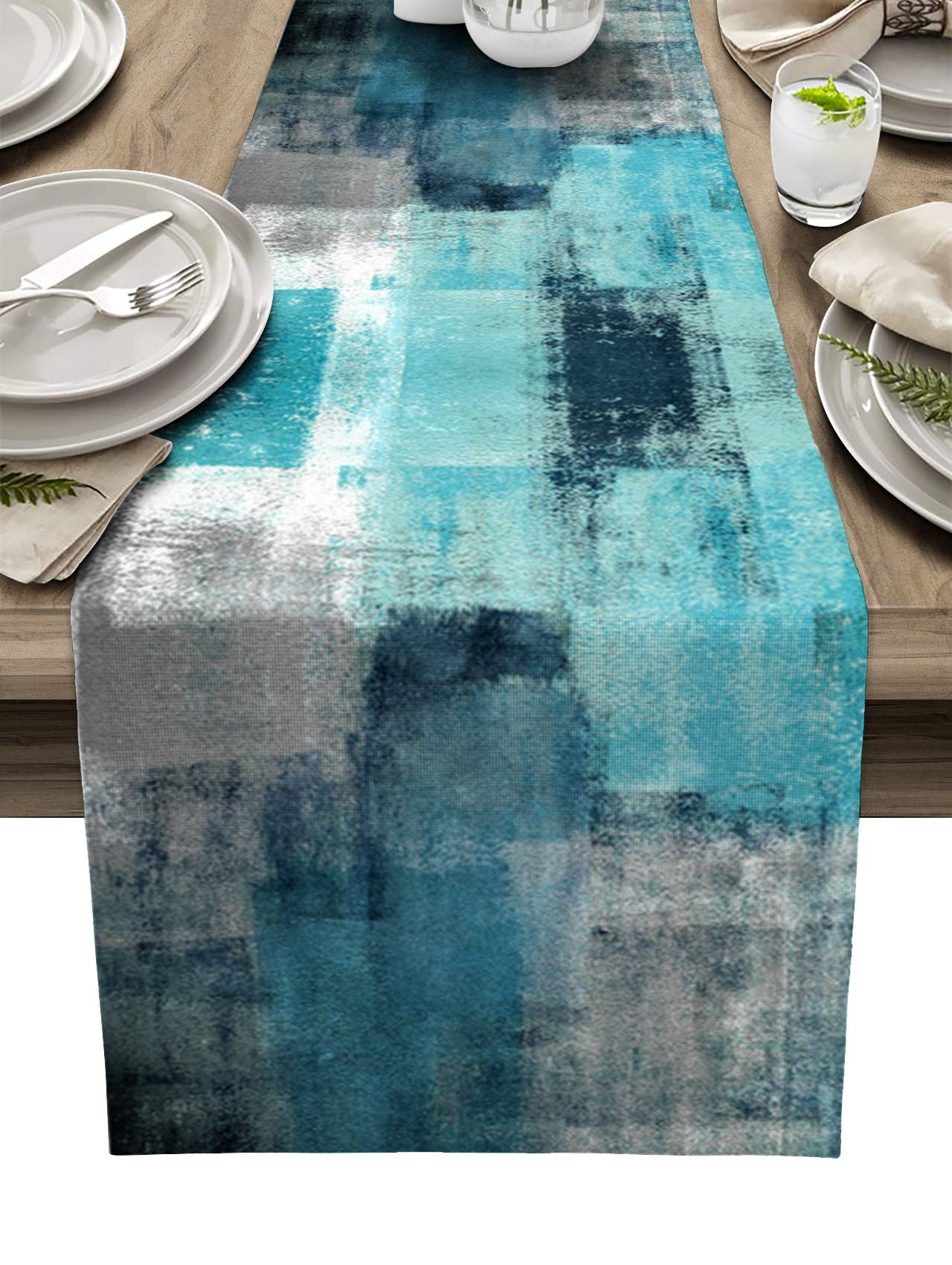 Abstract Art Teal Table Runner - Washable Non-Slip Turquoise & Grey Farmhouse Tablecloth (16x72 inches) for Coffee Table, Dresser, Wedding, Holiday Dinner & Family Parties | Perfect for Rustic Decor & Home Entertaining