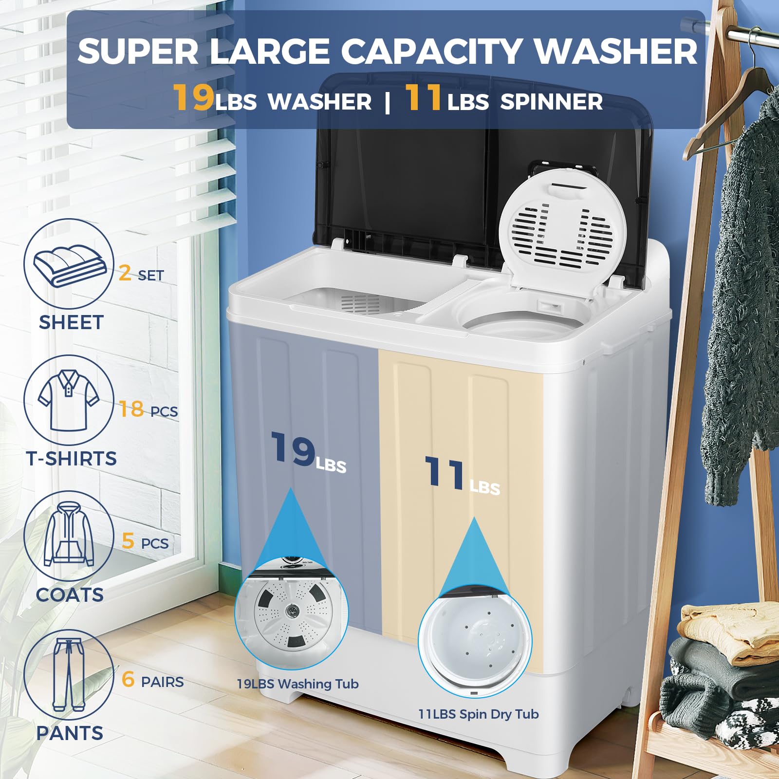 30Lbs Capacity Portable Twin Tub Washing Machine with Built-in Drain Pump - Compact Washer & Spin Dryer Combo (19Lbs Wash + 11Lbs Spin) - Perfect for Apartments, Dorms, RVs & Small Spaces - Ideal for Travel, Camping & Off-Grid Living