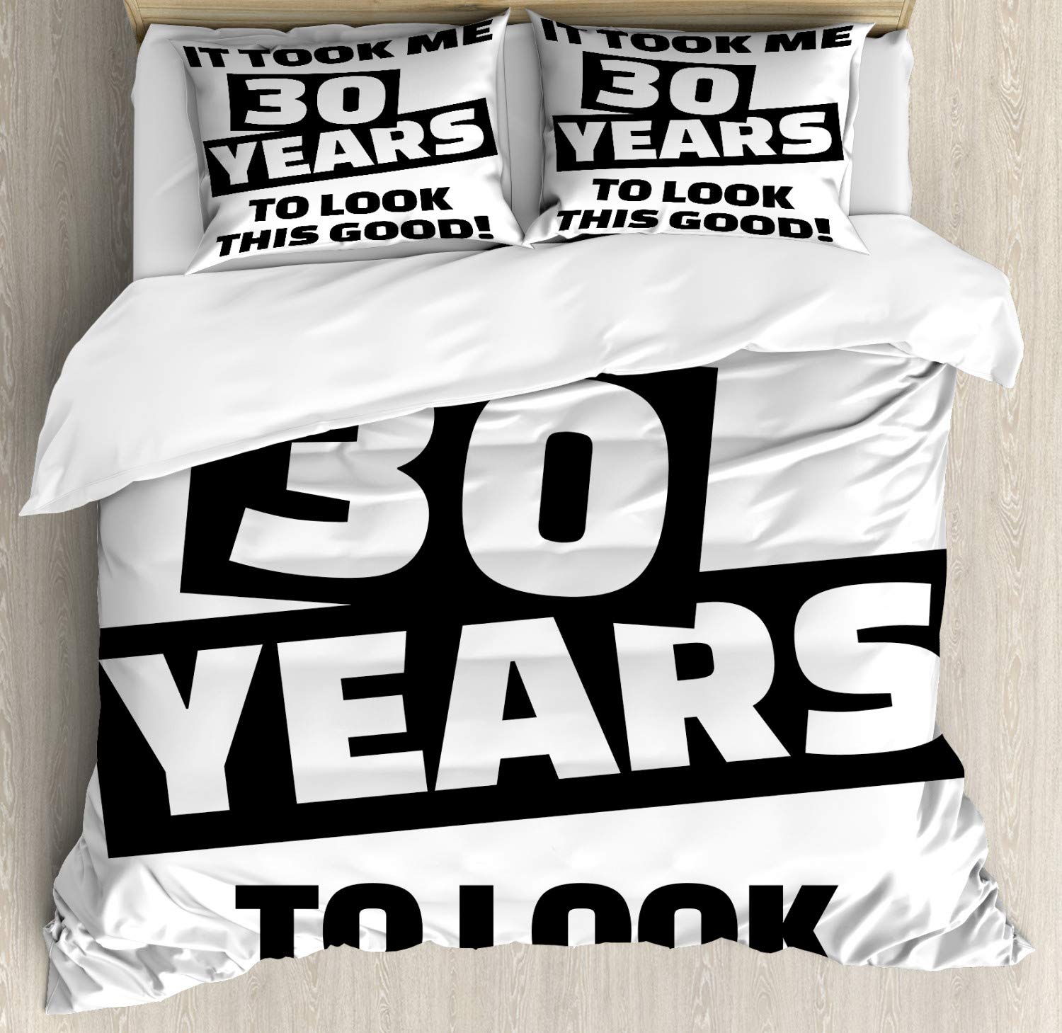 Ambesonne 30th Birthday Duvet Cover Set - Funny Pictogram Style Slogan for Middle Aged Adults - 3 Piece Bedding Set with 2 Pillow Shams - California King Size - Black & White Design - Perfect for Birthday Gifts & Adult Bedroom Decor