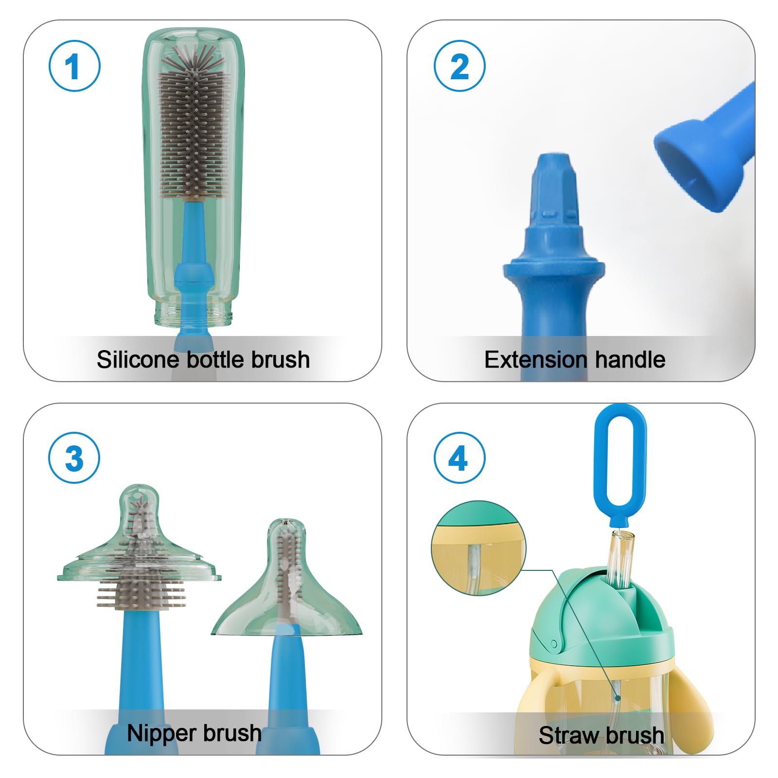 Electric Baby Bottle Brush Cleaner Set - Waterproof 1500mAh Rechargeable Silicone Brush for Bottles, Pacifiers & Straws | 4-Piece Multifunctional Cleaning Kit for New Moms (Blue) | Perfect for Nursery, Travel & Quick Cleaning