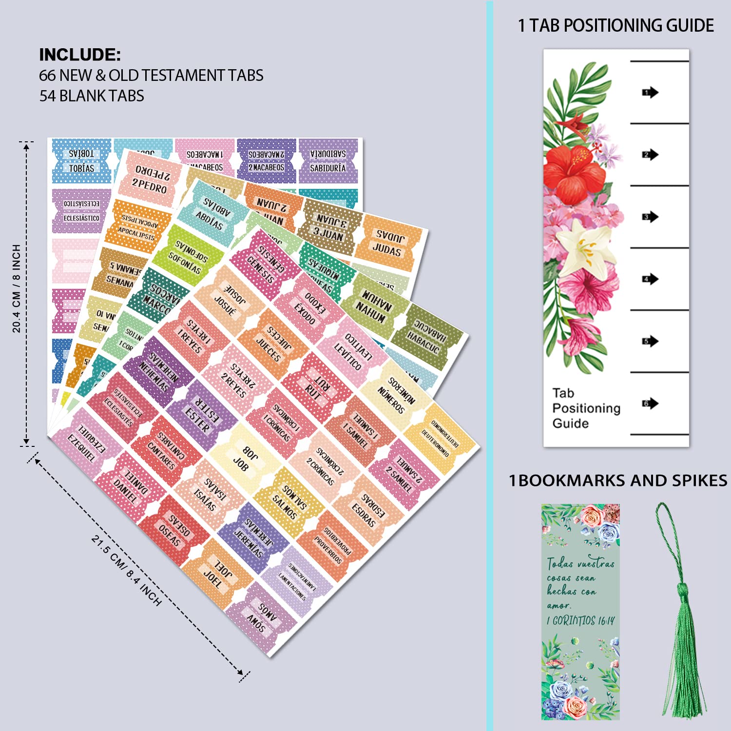 Spanish Catholic Bible Index Tabs Set - 122 Pcs Matte Laminated Floral & Polka Dot Design for Old & New Testament, Perfect for Bible Journaling, Study, and Gift Giving