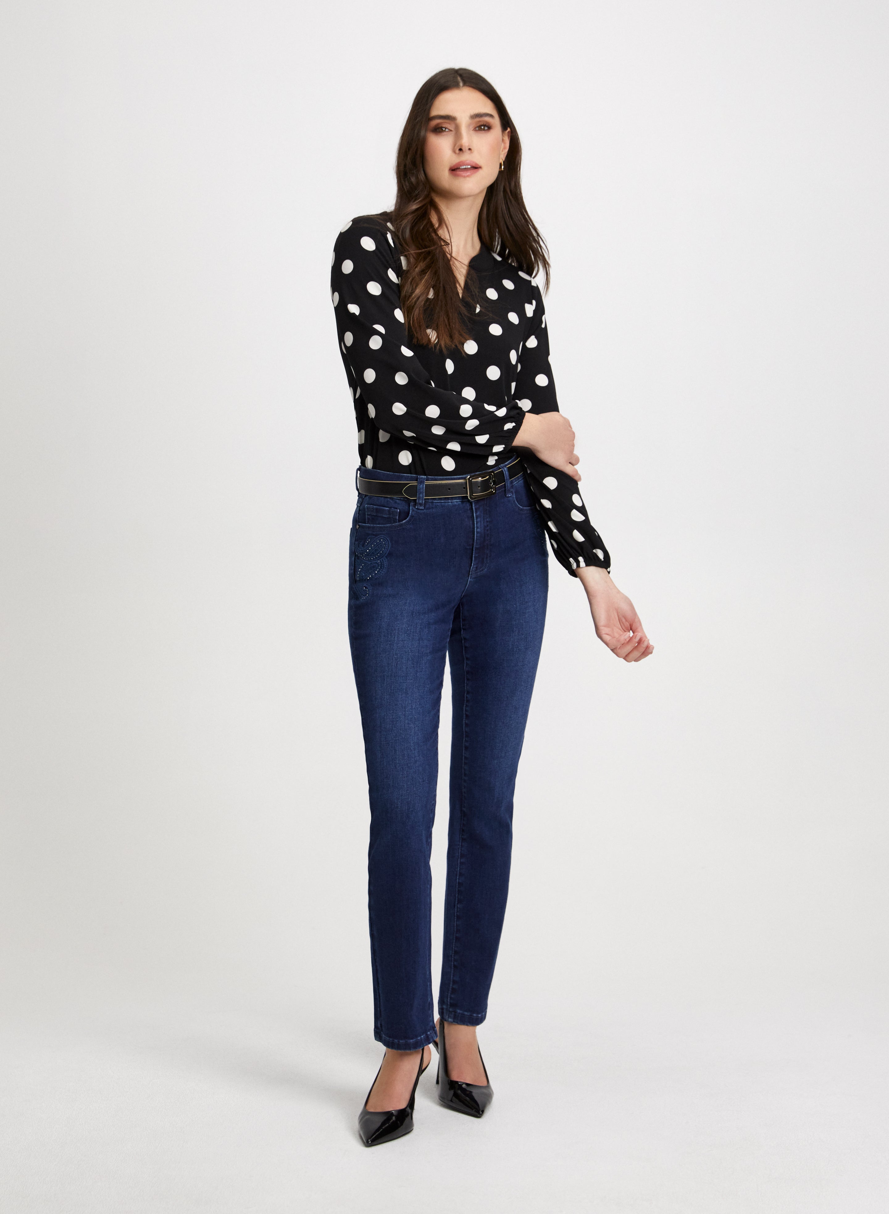 Dot Motif Split Neck Top & Embroidered Jeans Set - Women's Fashion Two Piece Outfit for Casual Wear and Date Night