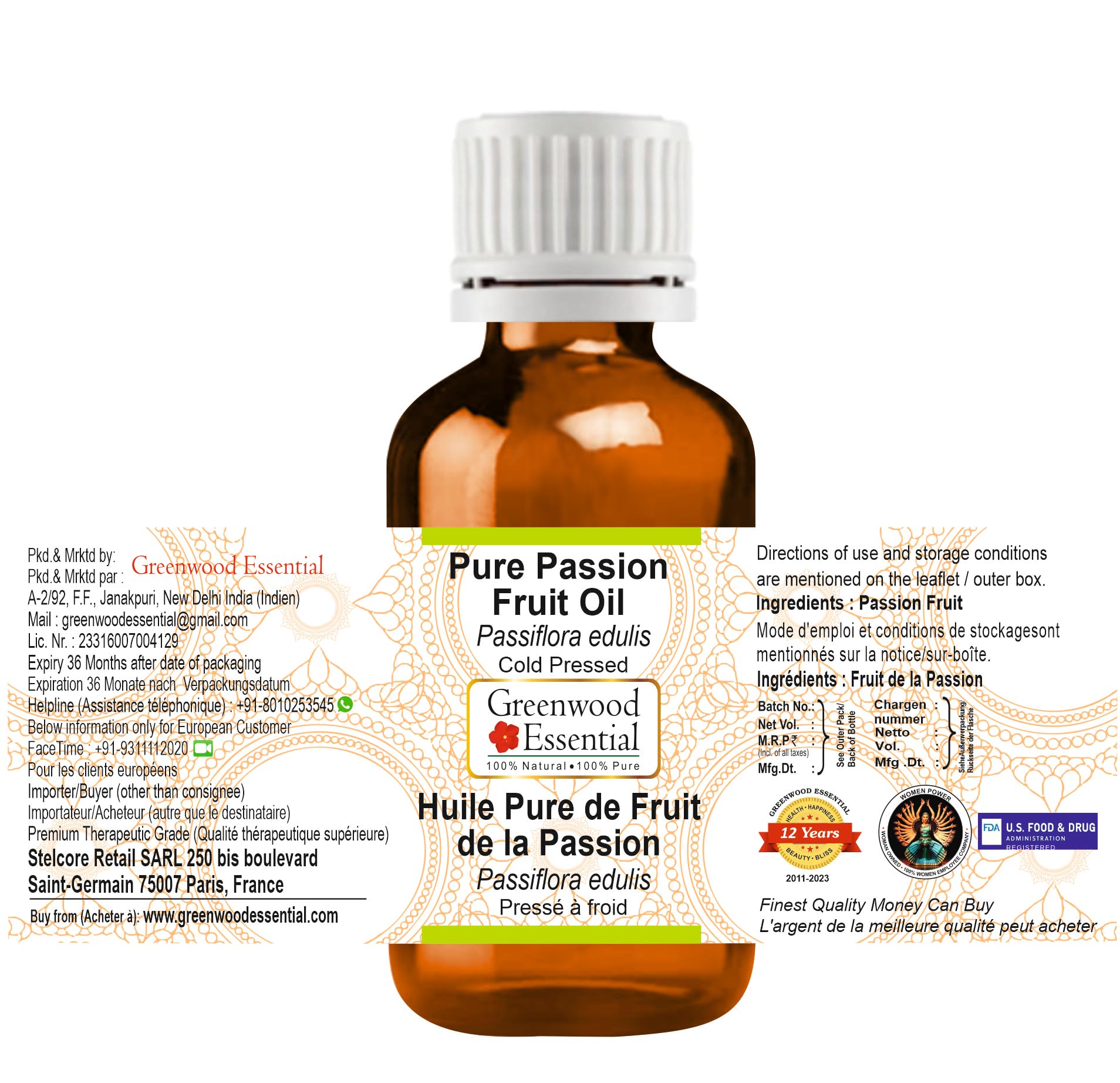 Pure Cold Pressed Passion Fruit Oil (Passiflora edulis) - 10ml (0.33 oz) for Skin Care, Hair Growth & Aromatherapy - Natural Moisturizer & Massage Oil