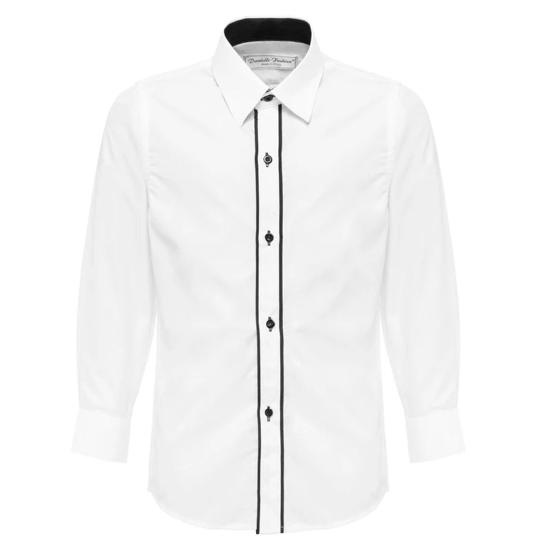 Boys White Formal Dress Shirt with Black Piping Detail - Perfect for Weddings, School Events & Special Occasions