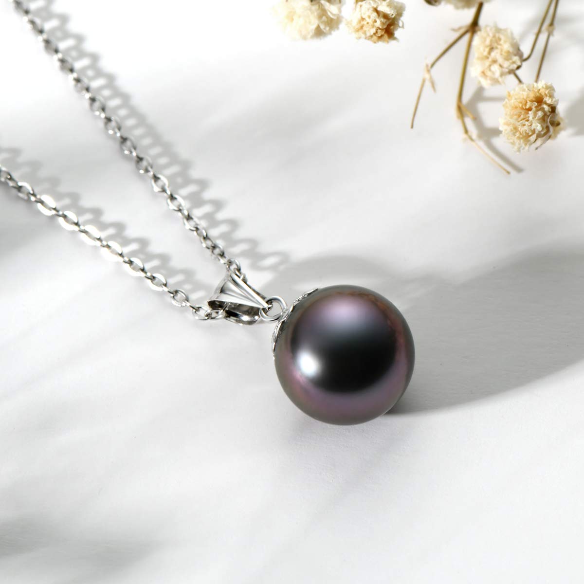 10-11mm Tahitian Black Pearl Pendant Necklace in 18K White Gold with 18