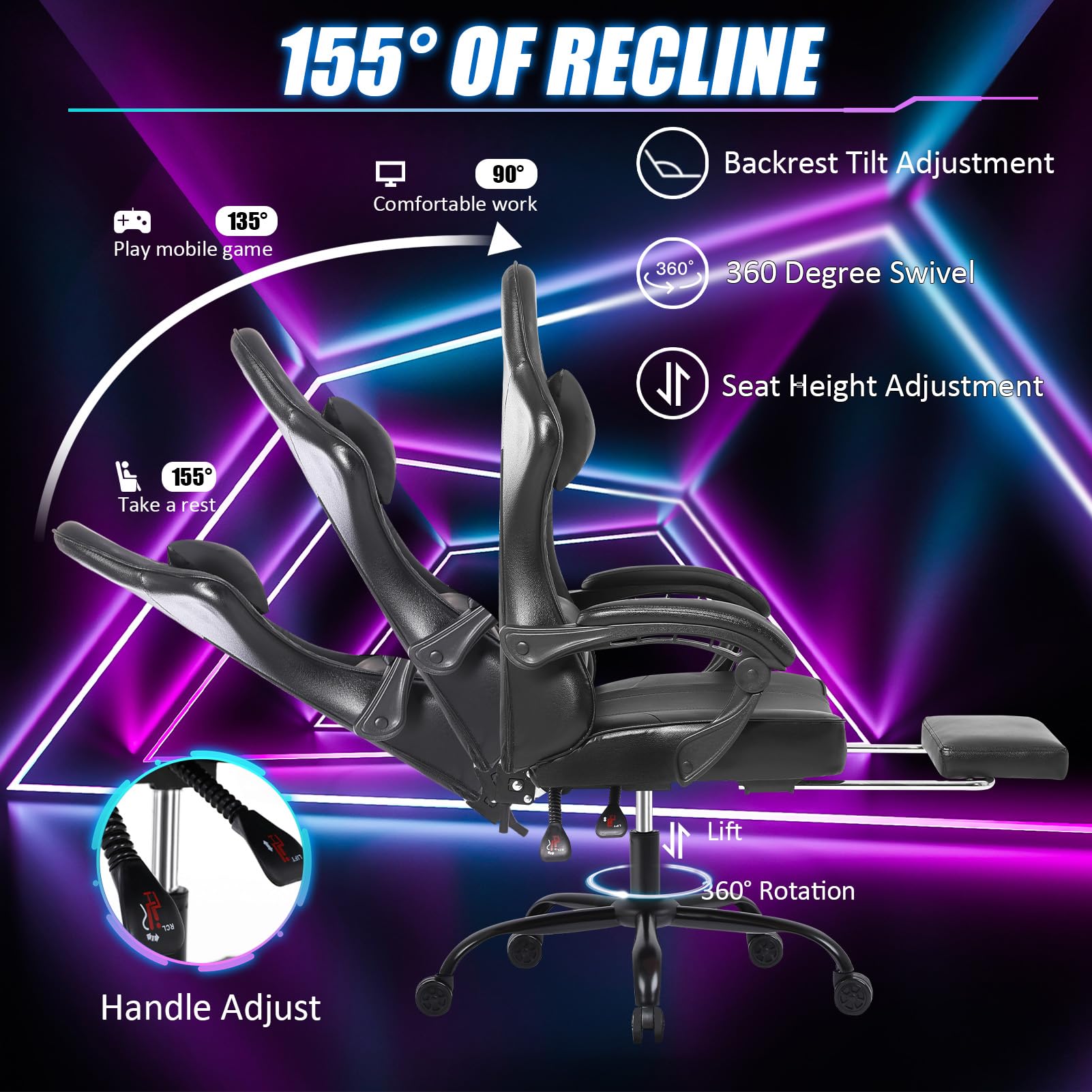 Premium Ergonomic Gaming Chair for Adults - High Back Computer Office Chair with Adjustable Lumbar Support & Footrest - 350LBS Weight Capacity - Black - Perfect for PC Gaming, Streaming, and Long Work Sessions