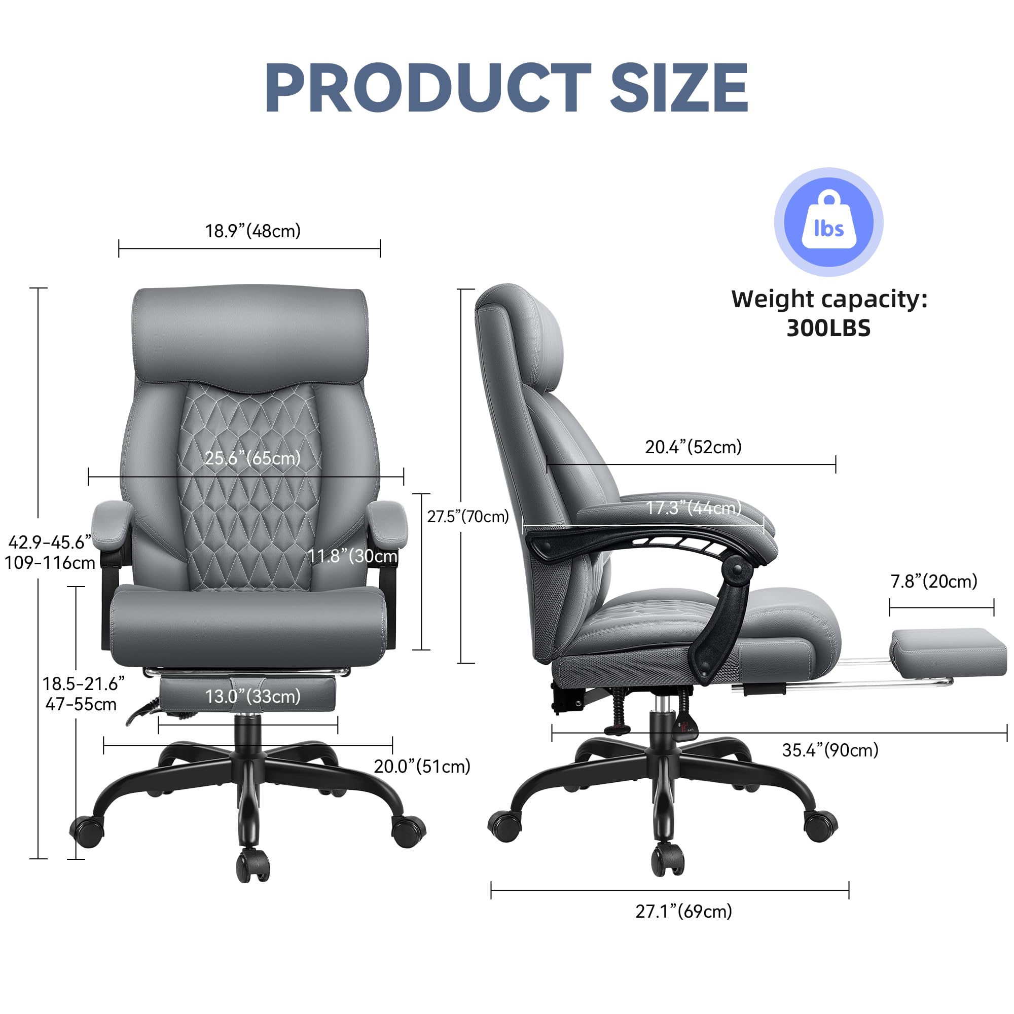 Big and Tall Reclining Executive Leather Office Desk Chair with Footrest and Lumbar Support - Ergonomic High Back Chair for Home Office, Gaming, and Conference Rooms