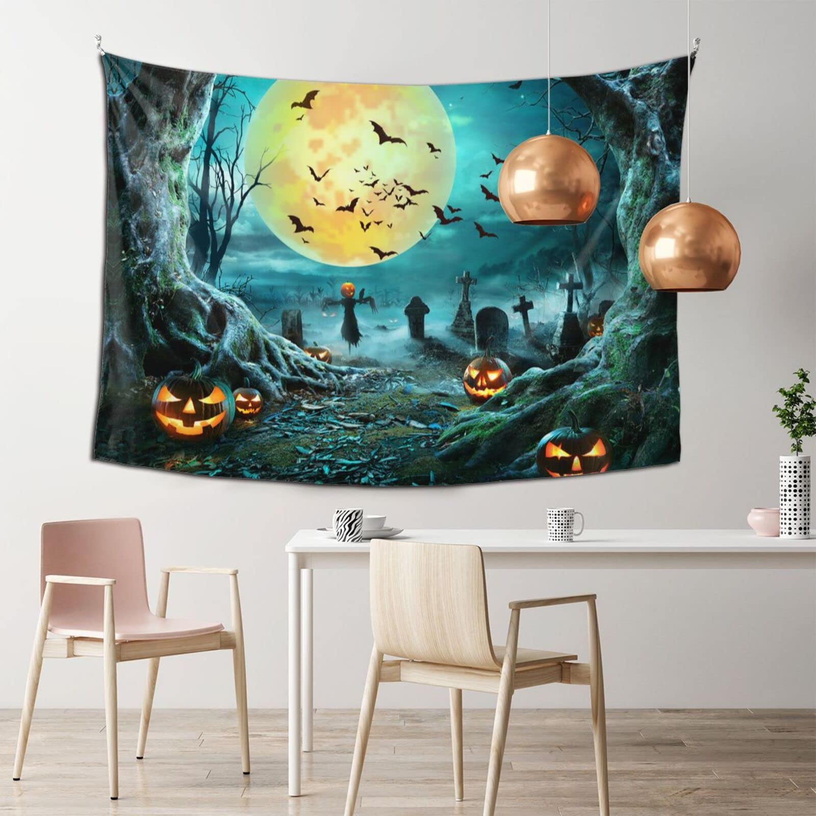 Vthxloi Halloween Tapestry Wall Decor - Spooky Moon & Pumpkin Design Hippie Aesthetic Wall Hanging for Dorm, Bedroom, Living Room (60x40 Inches) - Perfect for Halloween Party Decorations & Boho Home Decor