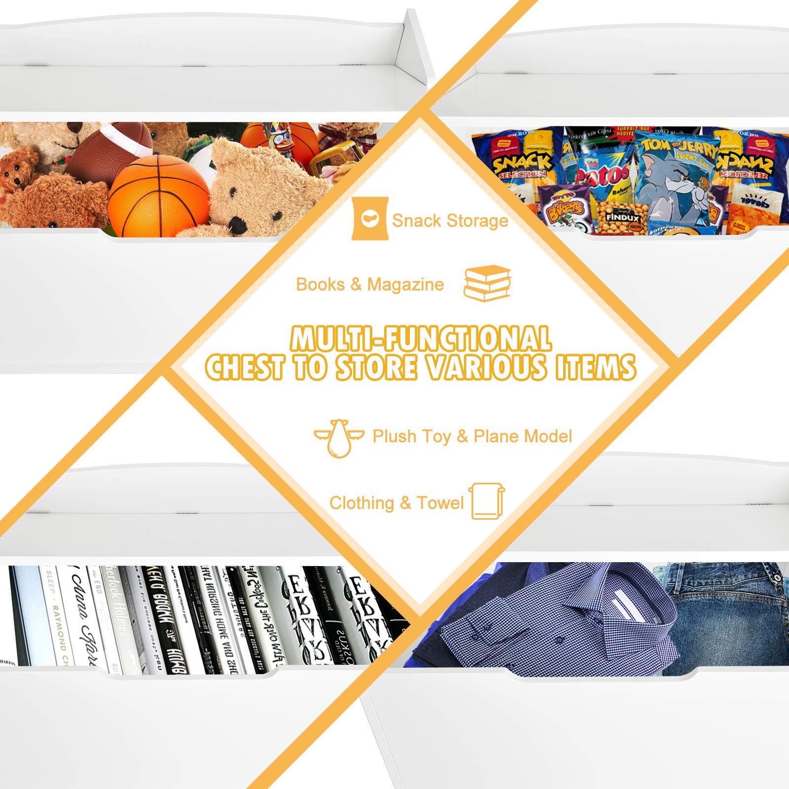 Costzon 2-in-1 Wooden Toy Storage Chest with Safety Cushioned Seat - Finger-Pinch Prevention Kids Toy Organizer & Lift-Top Bench for Nursery, Playroom, Bedroom or Living Room - White (Perfect for Toy Storage, Kids Room Decor & Extra Seating)