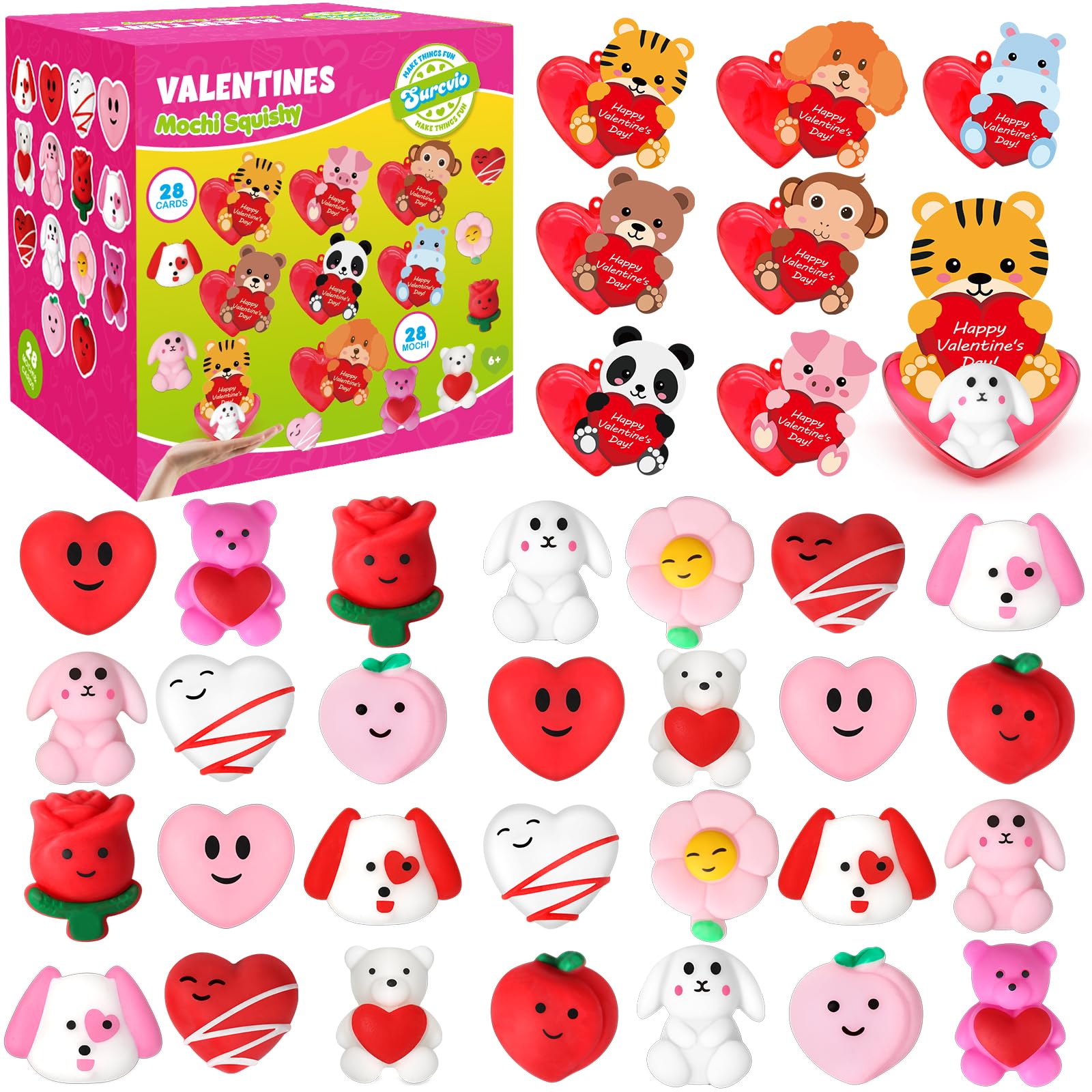 28 Pack Valentine Mochi Squishies - Kawaii Stress Relief Fidget Toys for Kids, Party Favors & Classroom Gifts