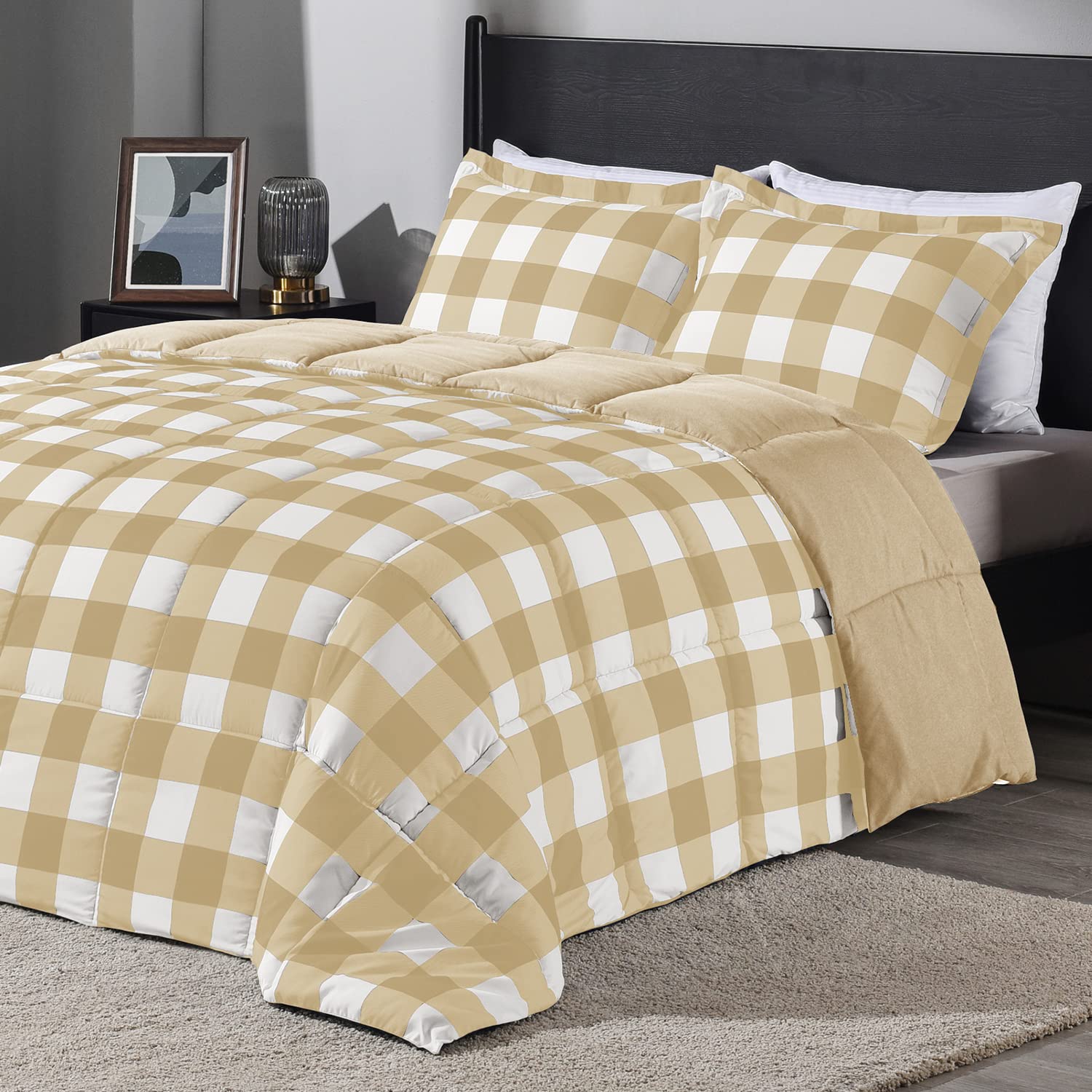 Downluxe Lightweight Plaid Comforter Set Queen Size - 3 Piece Reversible Down Alternative Bedding with 2 Pillow Shams - Khaki White Plaid Pattern - Soft Breathable All Season Comforter for Cozy Bedroom Decor