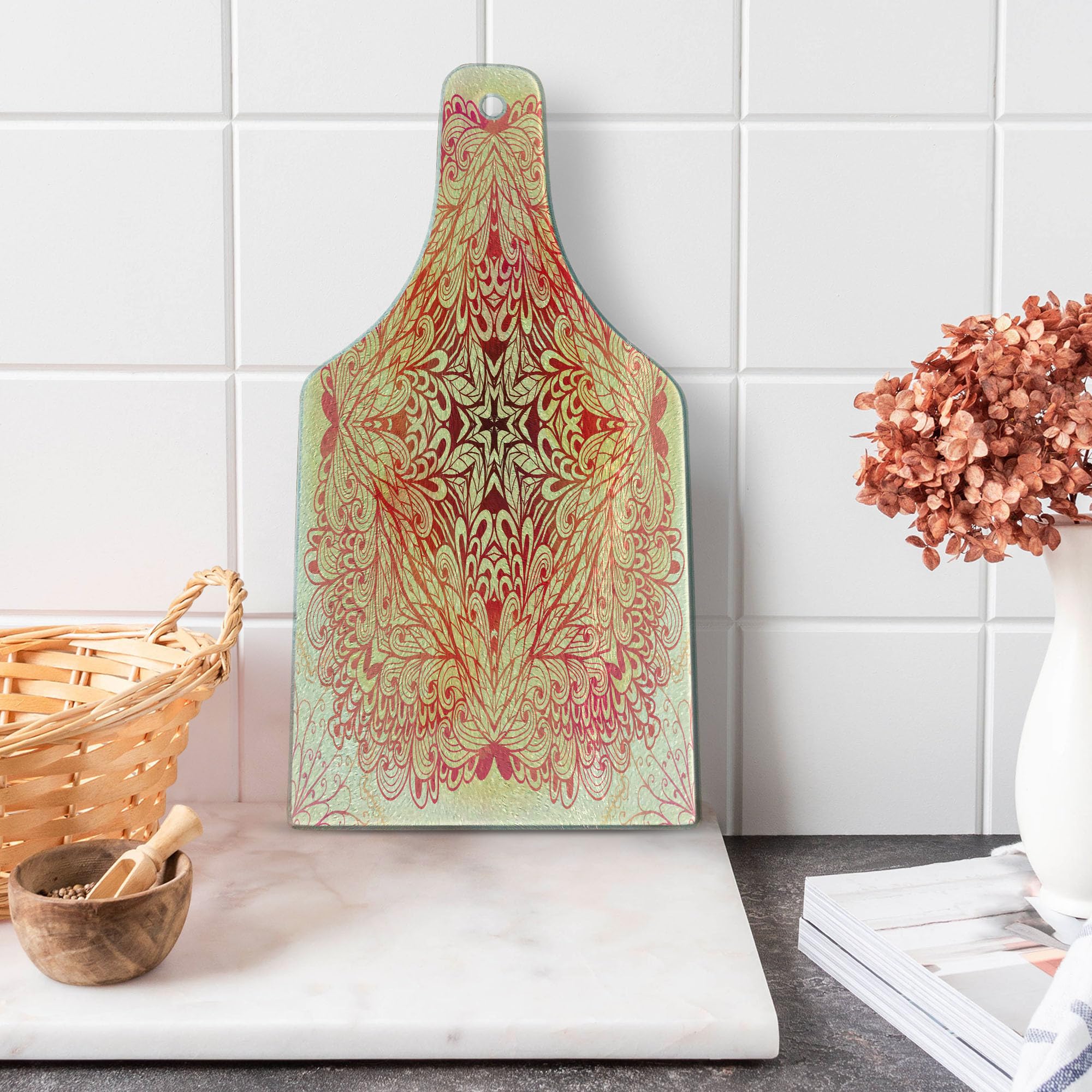 Ambesonne Mandala Tempered Glass Cutting Board - Hand Drawn Ombre Floral Design with Swirls & Ivy - Square Decorative Serving Board for Kitchen, Charcuterie & Wine - Pink, Yellow & White