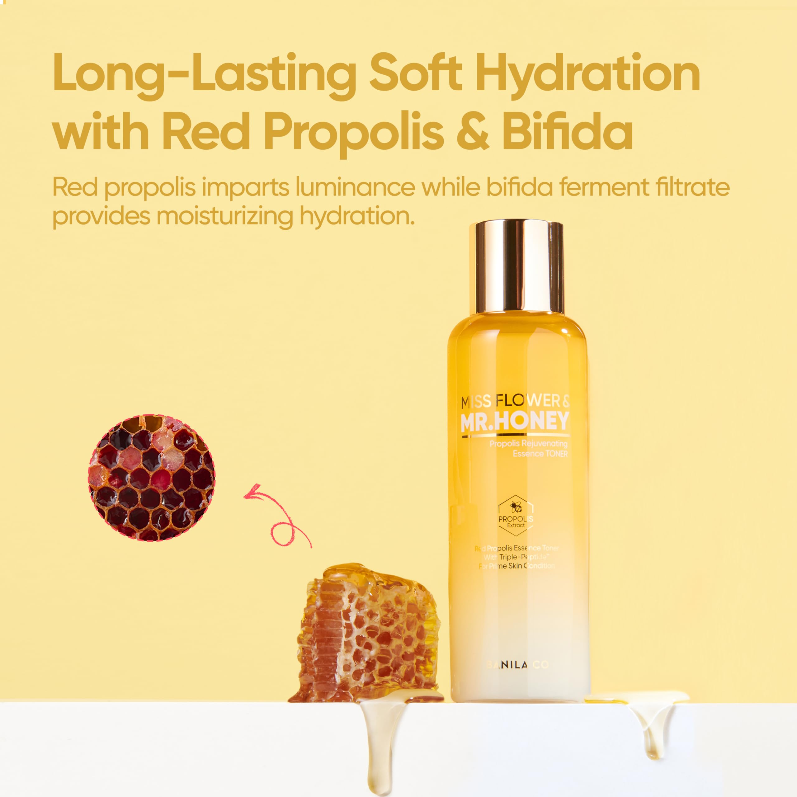 BANILA CO Miss Flower & Mr Honey Propolis Rejuvenating Essence Toner | Korean Hydrating Facial Toner with Propolis Extract & Royal Jelly | Anti-Aging Skincare for Dry & Sensitive Skin | Perfect for Night Routine & Pre-Makeup Prep (190ml / 6.42 fl oz)