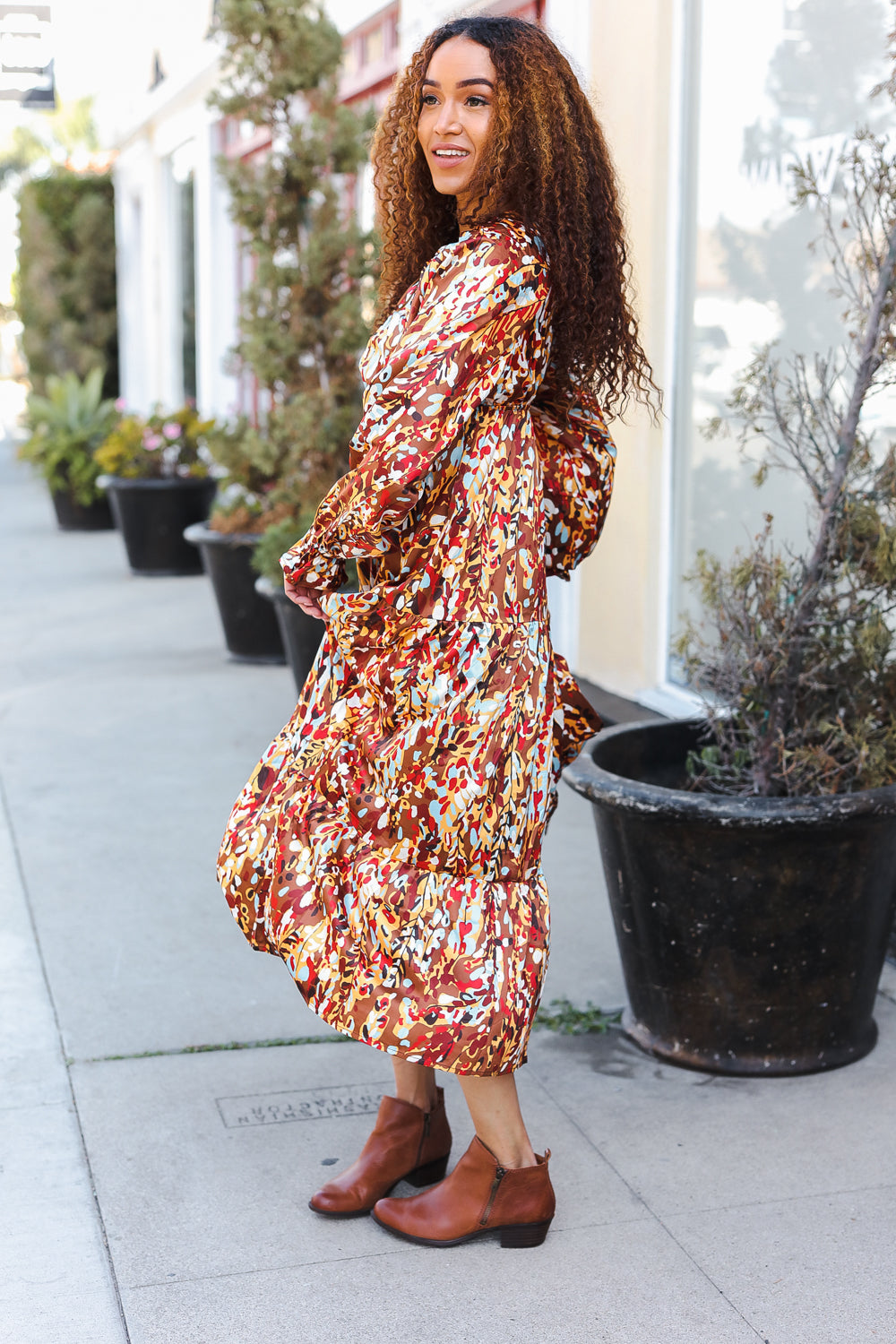 Feeling Femme Mocha Floral Print V-Neck Satin Maxi Dress for Women | Elegant Evening Gown for Weddings, Parties & Special Occasions