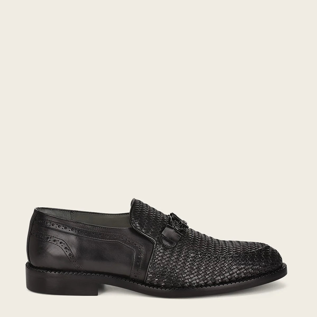 Franco Cuadra Q94TEBU Men's Black Leather Loafers - Fashionable Casual Woven Slip-On Shoes for Business, Office & Everyday Wear