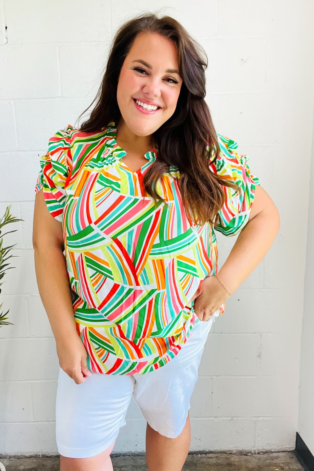 Stylish Green & Orange Geo Print Frill Notch Neck Puff Sleeve Blouse - Trendy Women's Fashion Top for Casual Outings & Date Nights