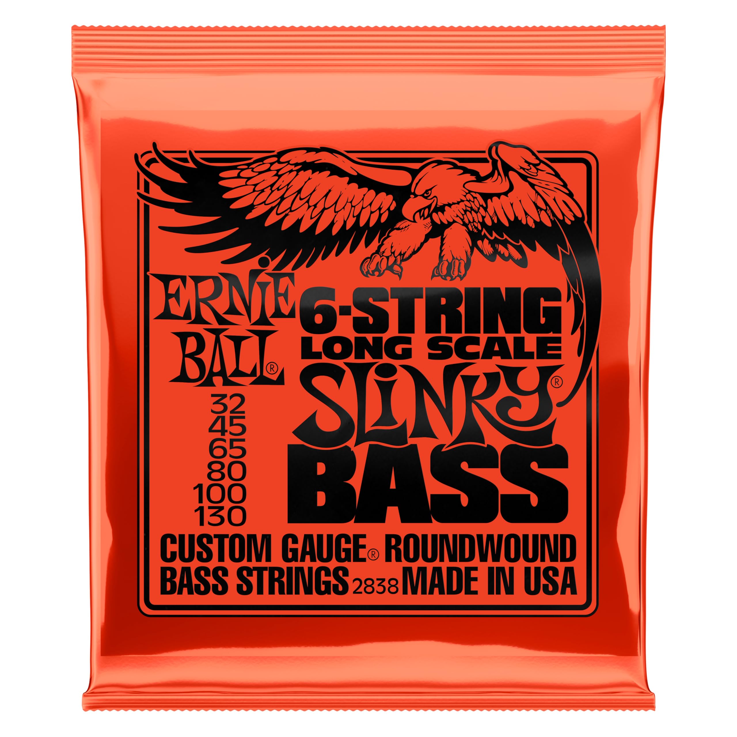 Ernie Ball 6-String Long Scale Slinky Nickel Wound Bass Guitar Strings, 32-130 Gauge (P02838) - Perfect for Rock, Metal & Jazz Bass Players - Studio & Live Performance
