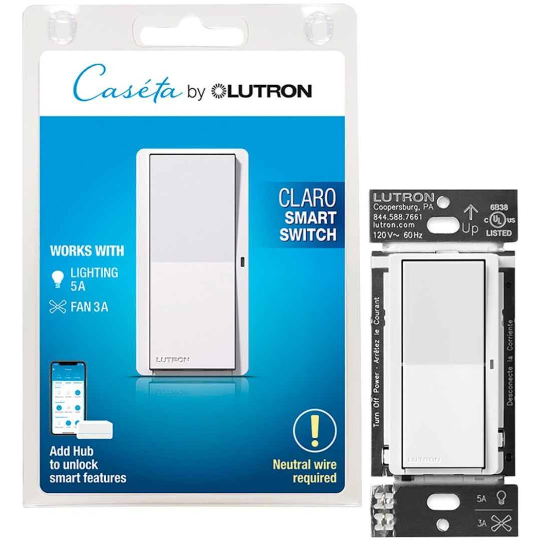Lutron Claro Smart Switch for Caséta Smart Lighting System | Neutral Wire Required | DVRF-5NS-WH | White | Perfect for Home Automation & Smart Lighting Control