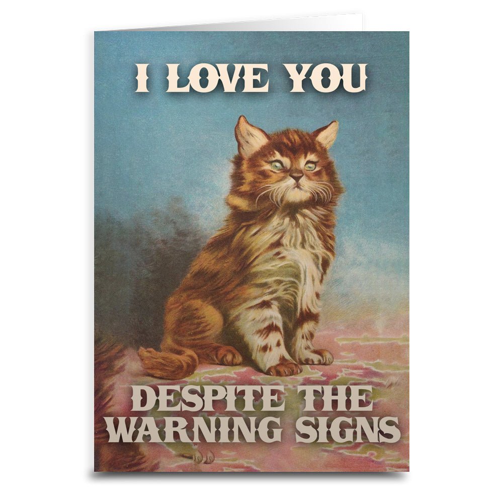 I Love You Despite the Warning Signs Greeting Card - Romantic Humor Card for Couples, Anniversary, Valentine's Day - Perfect for Humorous Love Notes & Special Occasions