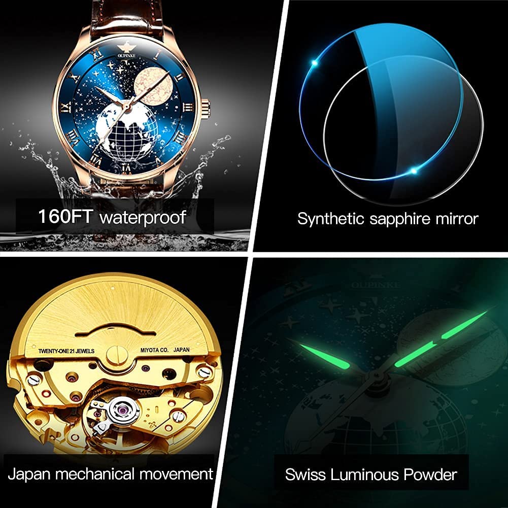 OUPINKE Men's Skeleton Automatic Mechanical Watch with Calendar, Sapphire Crystal, Tungsten Steel Case & Waterproof - Premium Dress Watch for Business, Formal Events & Everyday Wear
