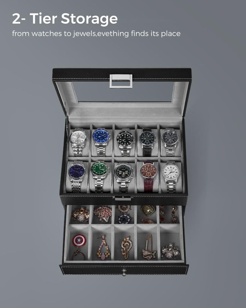BEWISHOME 20-Slot Watch Box Organizer for Men - Black PU Leather Display Case with Metal Hinge & Glass Top - Large Watch Storage Holder SSH04B - Perfect for Watch Collections, Gifts, and Travel Accessories