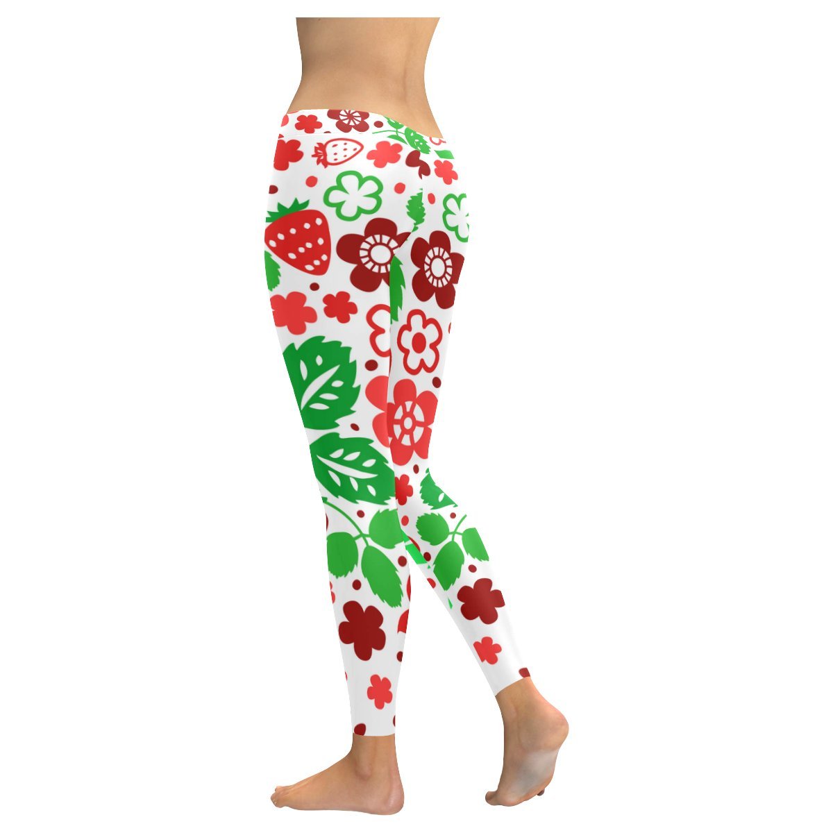 Red and Green Strawberry Print Capri Leggings for Women - Soft Stretchy Workout Yoga Pants, Casual Lounge Wear & Summer Fashion Outfits