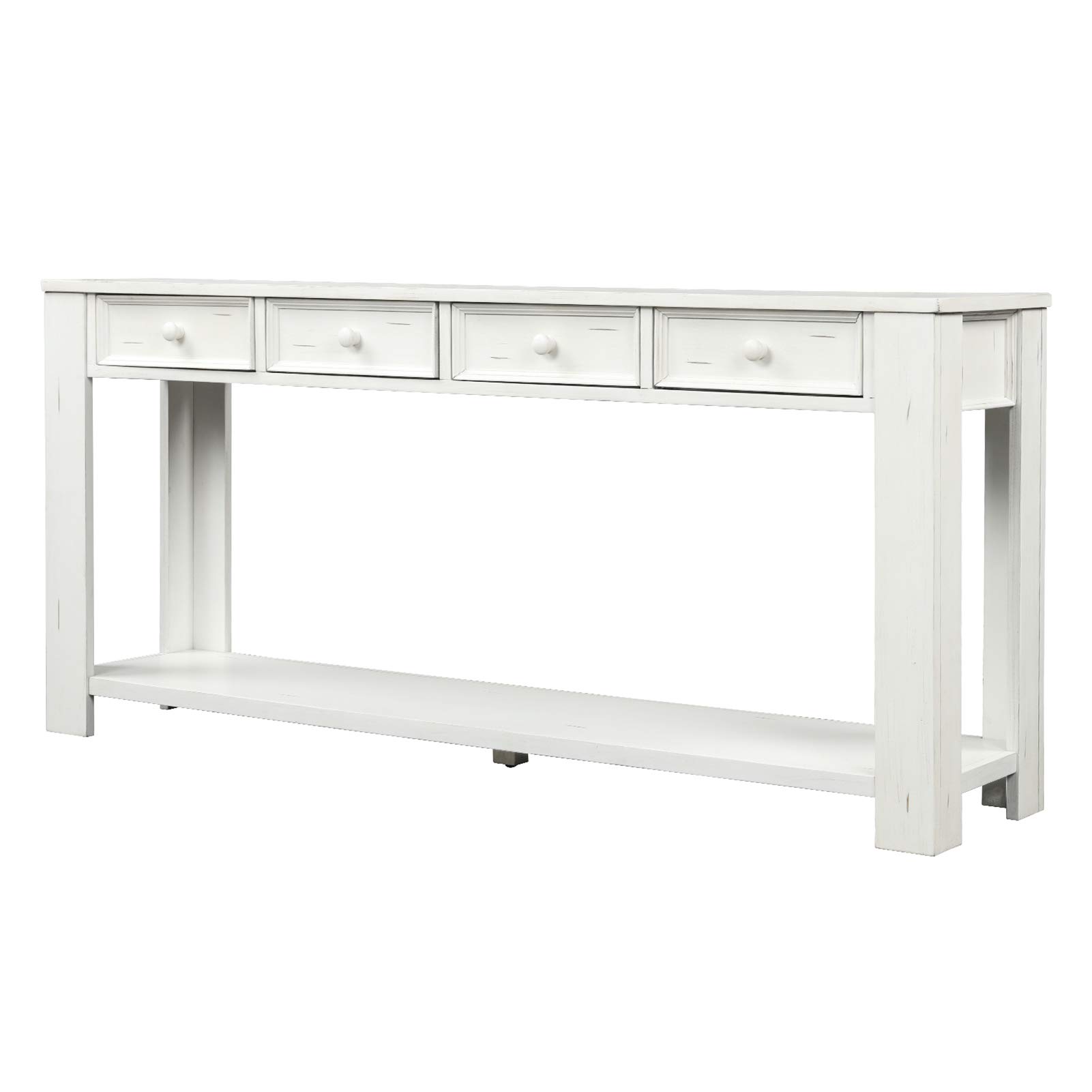 Interjunzhan 4-Drawer Console Table with Bottom Shelf - Solid Wood Frame & MDF Panels, Narrow Hallway Entryway Sofa Table in White - Perfect for Living Room, Bedroom, or Office Storage Solution