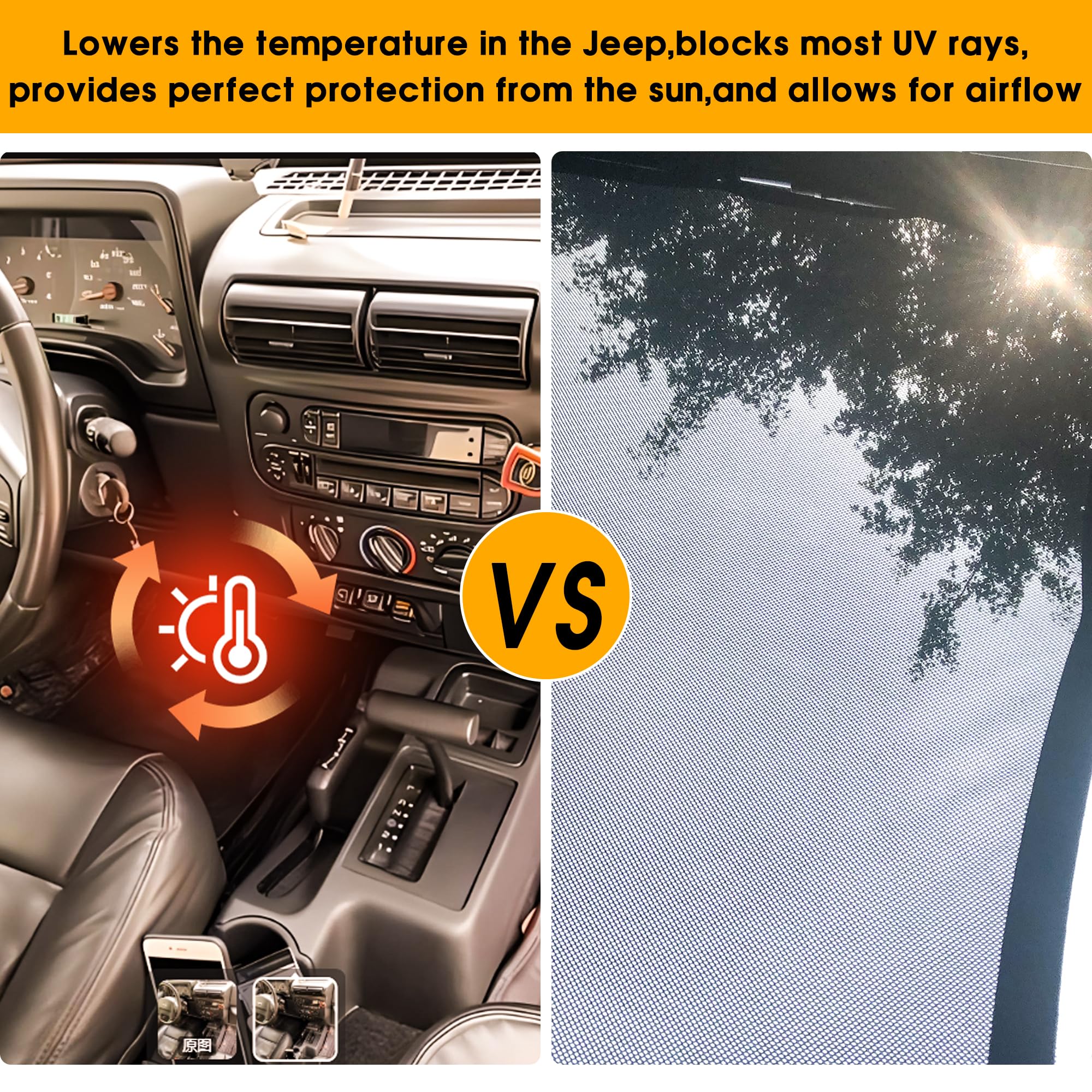 Jeep Wrangler JK Sunshade Top - Mesh Bikini Top for 2/4 Door Soft/Hard Top - UV Protection & Wind Shield - Perfect for Off-Roading & Summer Driving
