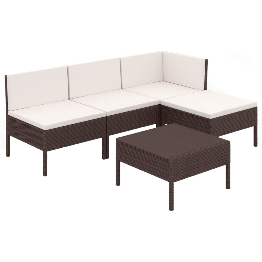 vidaXL 5-Piece Brown Poly Rattan Patio Lounge Set with Cushions - Waterproof Outdoor Garden Furniture for Poolside, Backyard & Terrace Relaxation