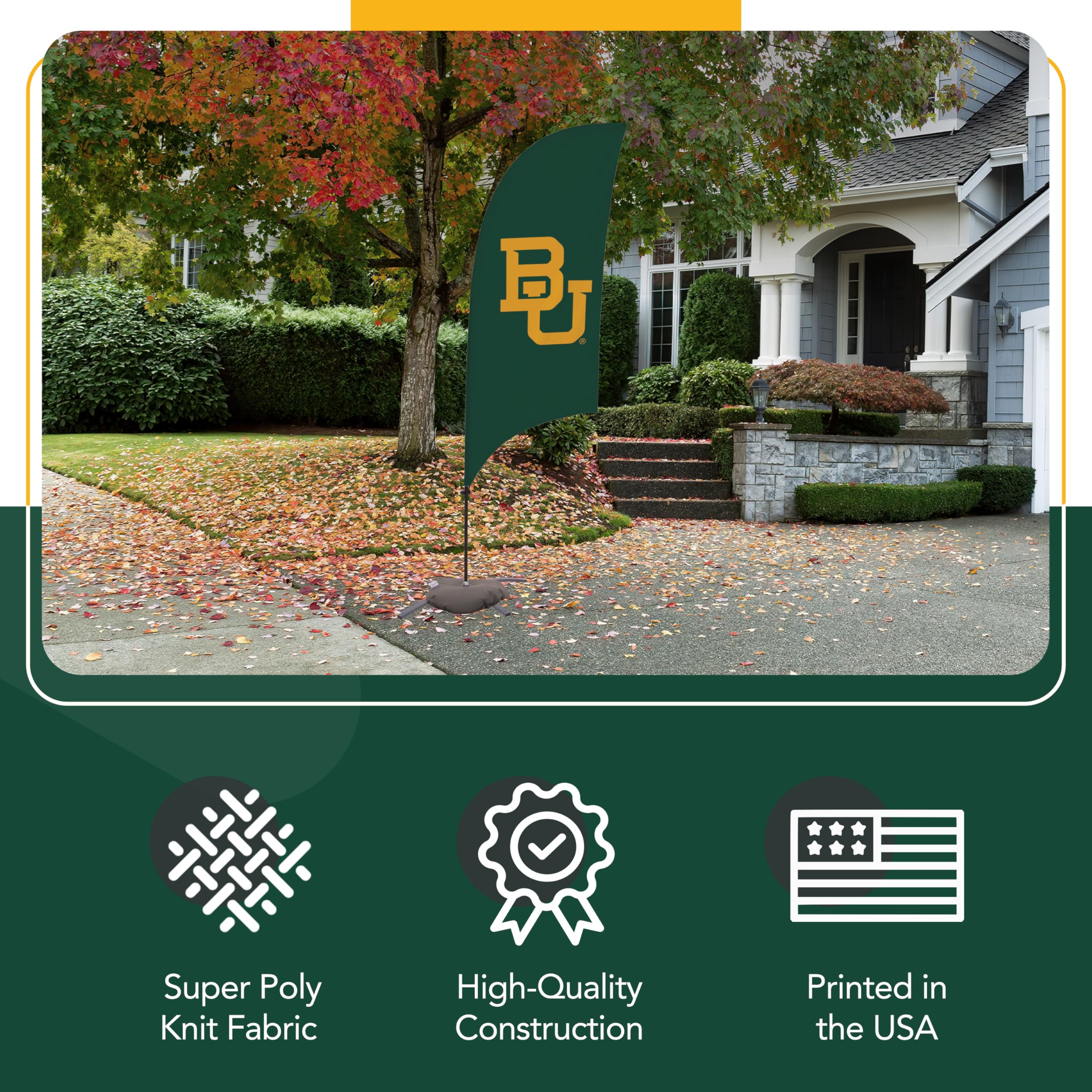 Baylor Bears 7.5ft NCAA Licensed Feather Flag - Durable Polyester College Sports Banner with Cross Base (Green) - Perfect for Game Day Tailgating, Campus Decor & Fan Support