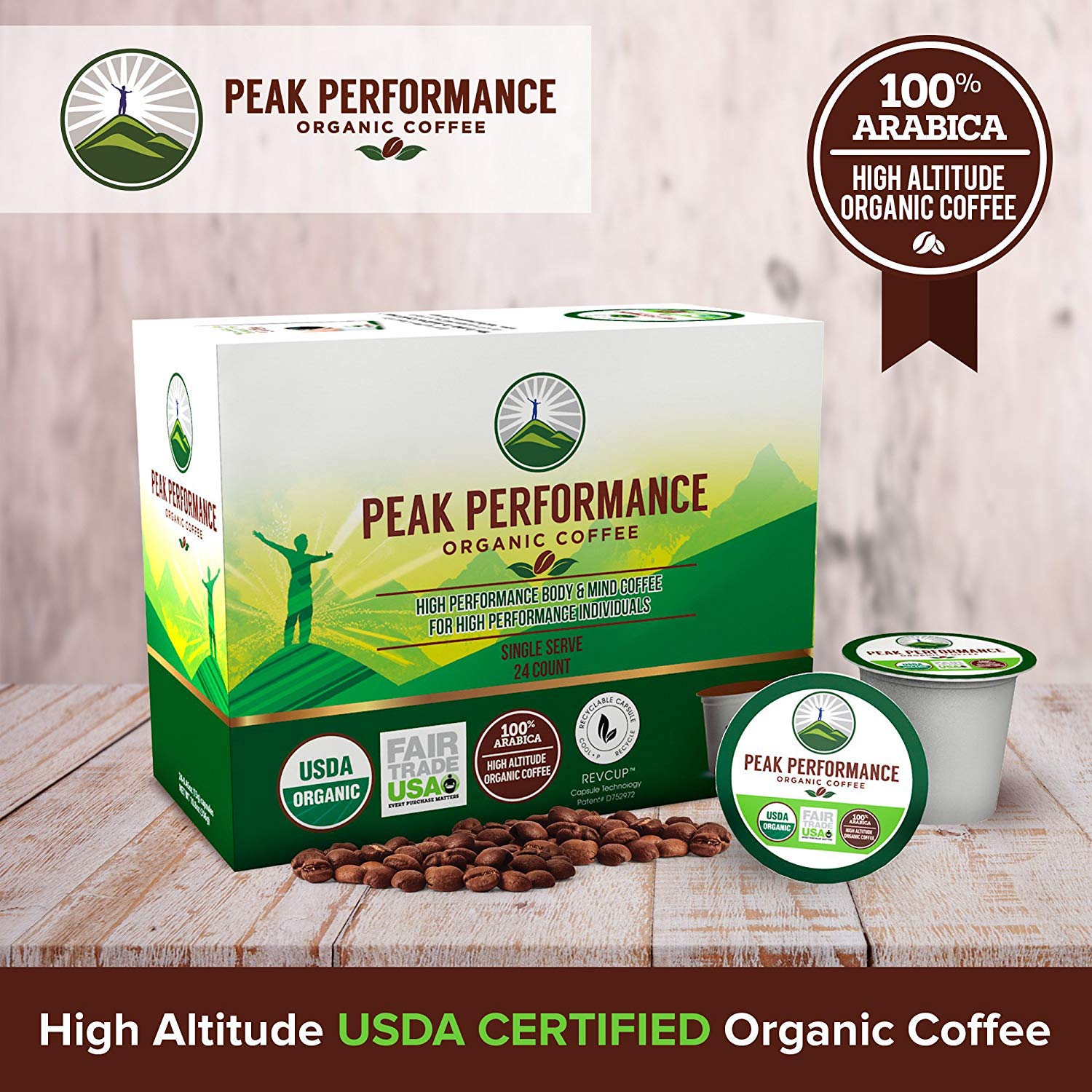 Peak Performance Organic Coffee Pods - Low Acid K-Cup Keurig Compatible, USDA Organic, Fair Trade Medium Roast Single Serve Coffee (96 Count Recyclable Cups) - Perfect for Home, Office & High Performers