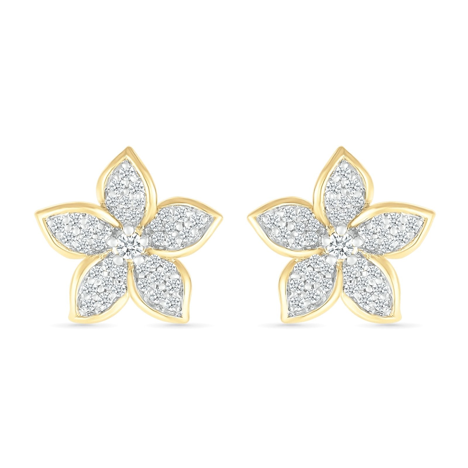 10k Yellow Gold Five Petal Diamond Flower Stud Earrings - Elegant Dainty Floral Jewelry for Women, Perfect Gift for Birthday, Anniversary & Valentine's Day
