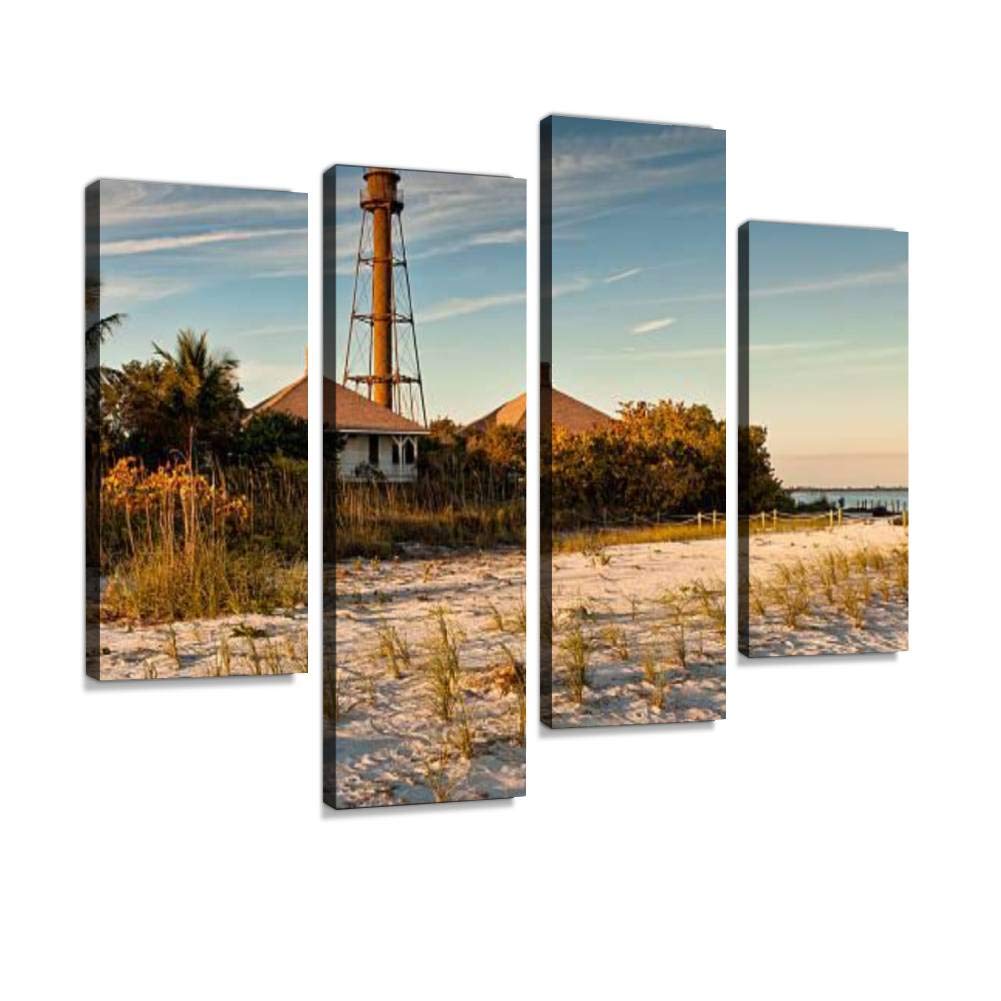 Sanibel Island Lighthouse Canvas Wall Art - Modern Framed Painting for Living Room, Bedroom & Office Decor - Ready to Hang 4-Panel Coastal Landscape Artwork - Perfect for Beach House, Nautical Theme & Home Interior Design