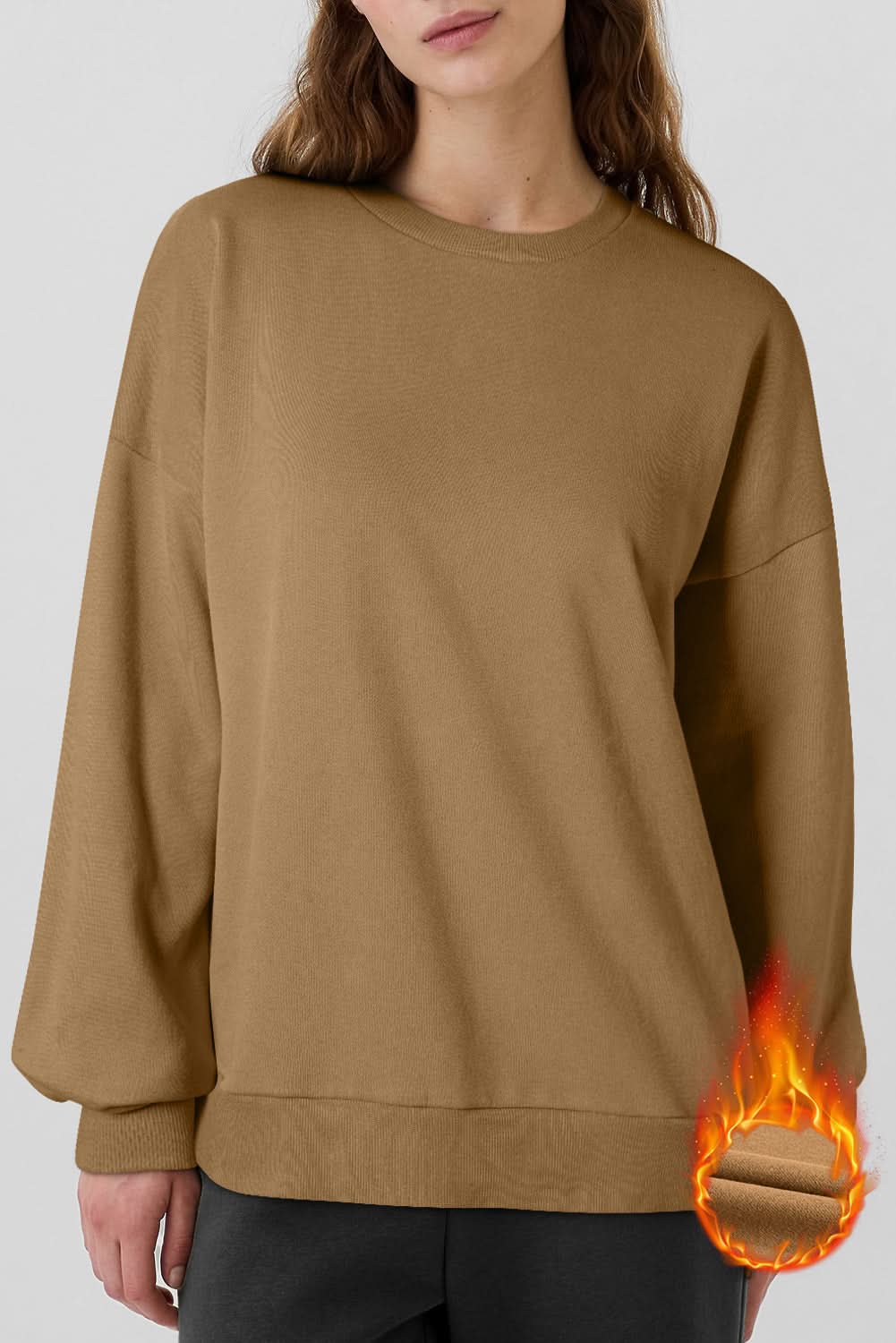 Stylish Camel Solid Fleece Lined Drop Shoulder High-Low Sweatshirt for Women | Cozy Winter Pullover | Perfect for Casual Outings & Layered Looks