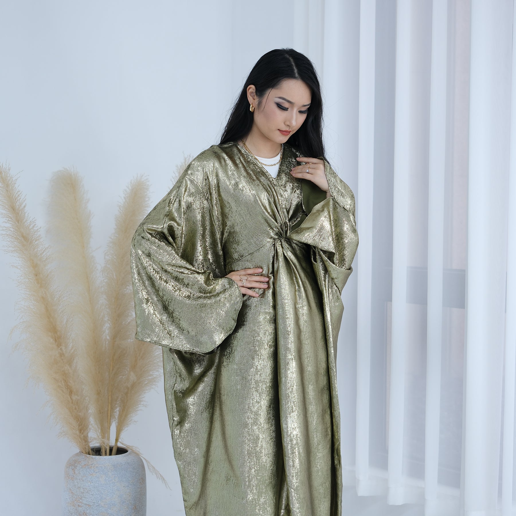 Elegant Florence Knot Shimmer Abaya Dress - Olive Green Islamic Prayer Gown for Women | Perfect for Eid, Mosque, and Special Occasions