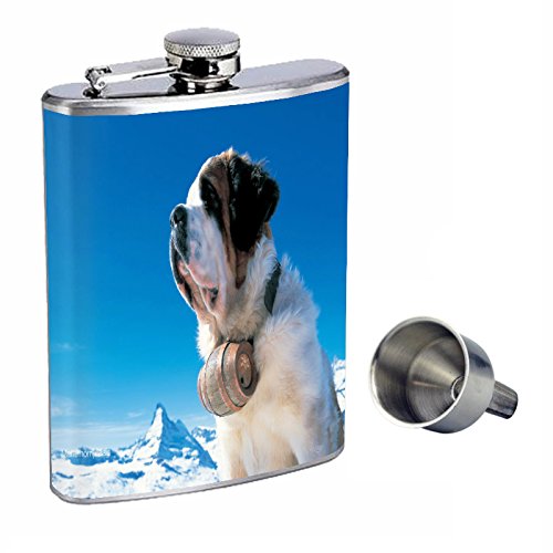 St. Bernard Dog Themed 8oz Stainless Steel Whiskey Flask with Free Funnel - Perfect for Outdoor Adventures, Camping, Hiking & Gifts for Dog Lovers