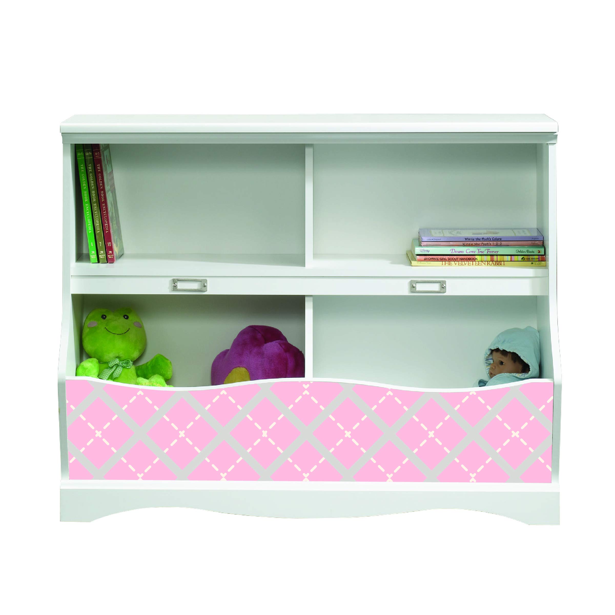 LifeSong Milestones Bookcase Footboard with Cubbyhole - White & Pink-Grey Gingham Kids Bookcase Toy Storage Organizer for Nursery, Playroom & Bedroom - Perfect for Storing Books, Toys & Decor