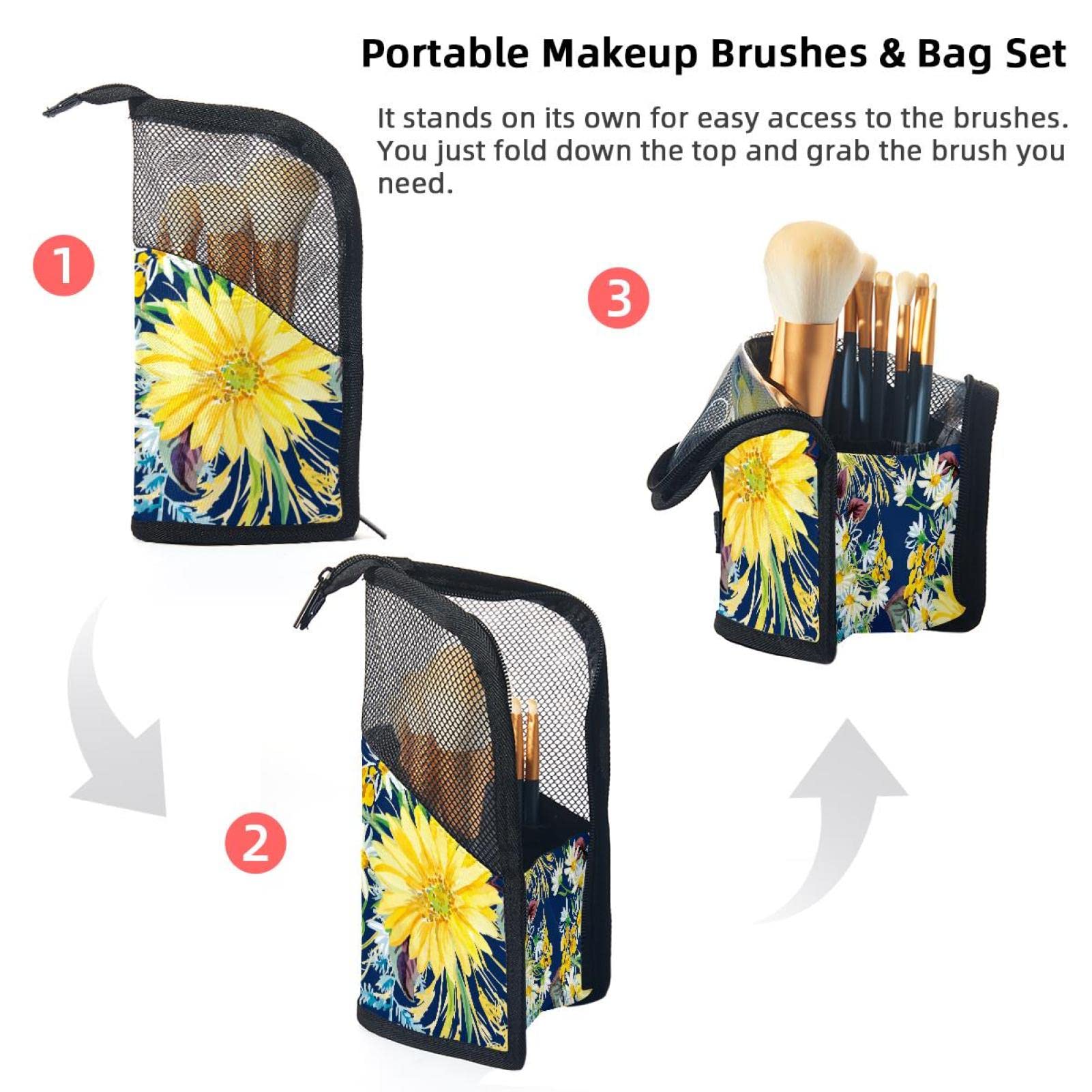 12-Piece Makeup Brush Organizer Bag with Flower Watercolor Daisy Design - Portable Cosmetic Brush Holder Case for Travel & Home Storage