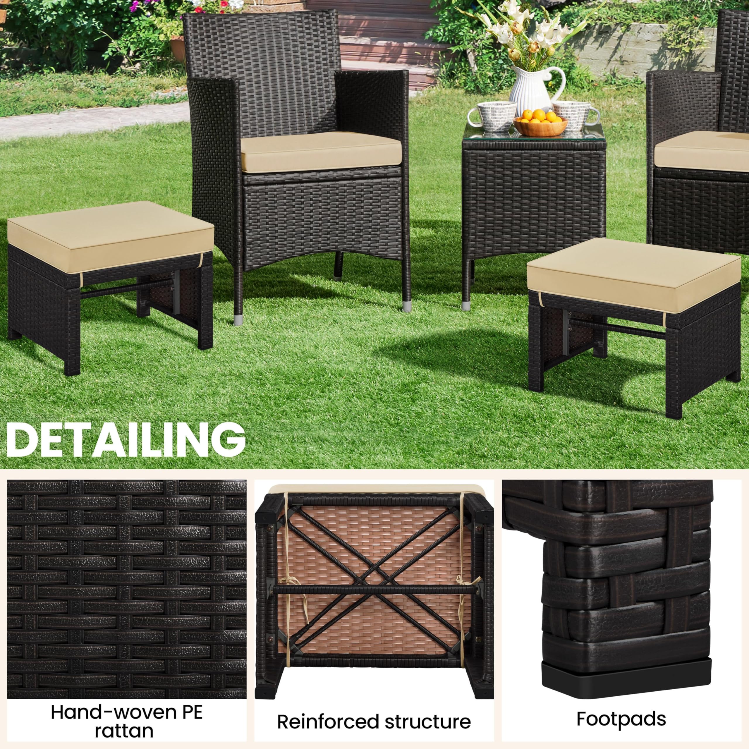 Yaheetech 2-Piece Wicker Ottoman Set with Removable Cushions - PE Rattan Footrest & Side Table for Outdoor Patio, Backyard, Garden - Brown/Khaki Multipurpose Seating Furniture | Perfect for Relaxing, Entertaining & Extra Seating
