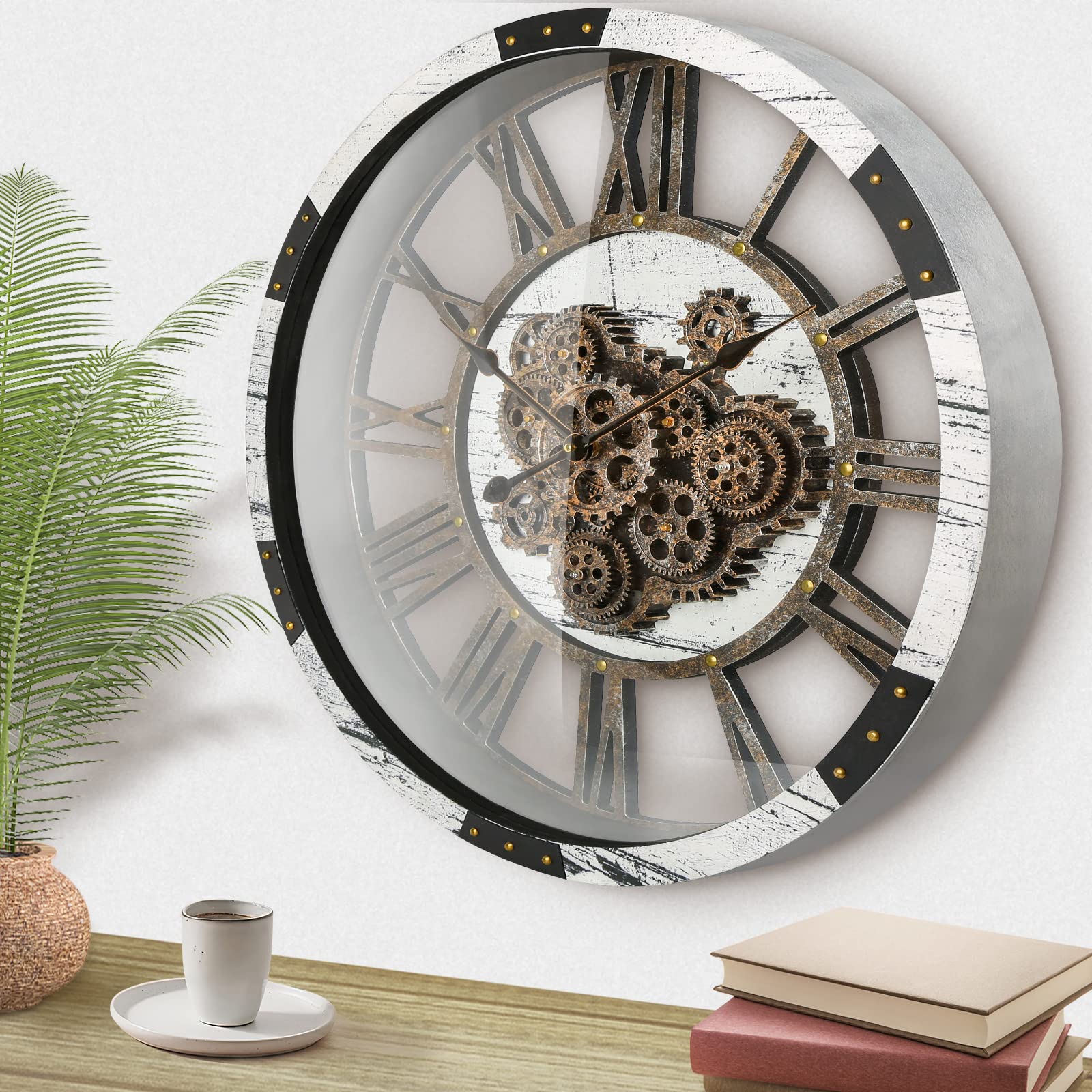 27 Inch Vintage Wood Steampunk Wall Clock - Large Decorative Wall Clock with Working Gears, Battery Operated - Perfect for Living Room, Farmhouse, Office & Industrial Decor - Adds Rustic & Retro Charm to Any Space